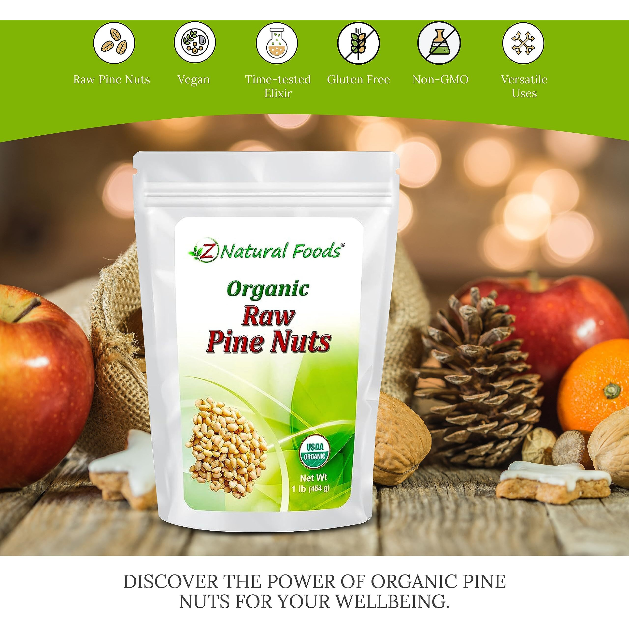 Z Natural Foods Raw Organic Pine Nuts, All Natural, 100% Pure, Vegan, Non-Gmo, Kosher, Gluten-Free Snacks, Keto-Friendly Snacks, 1 Lb