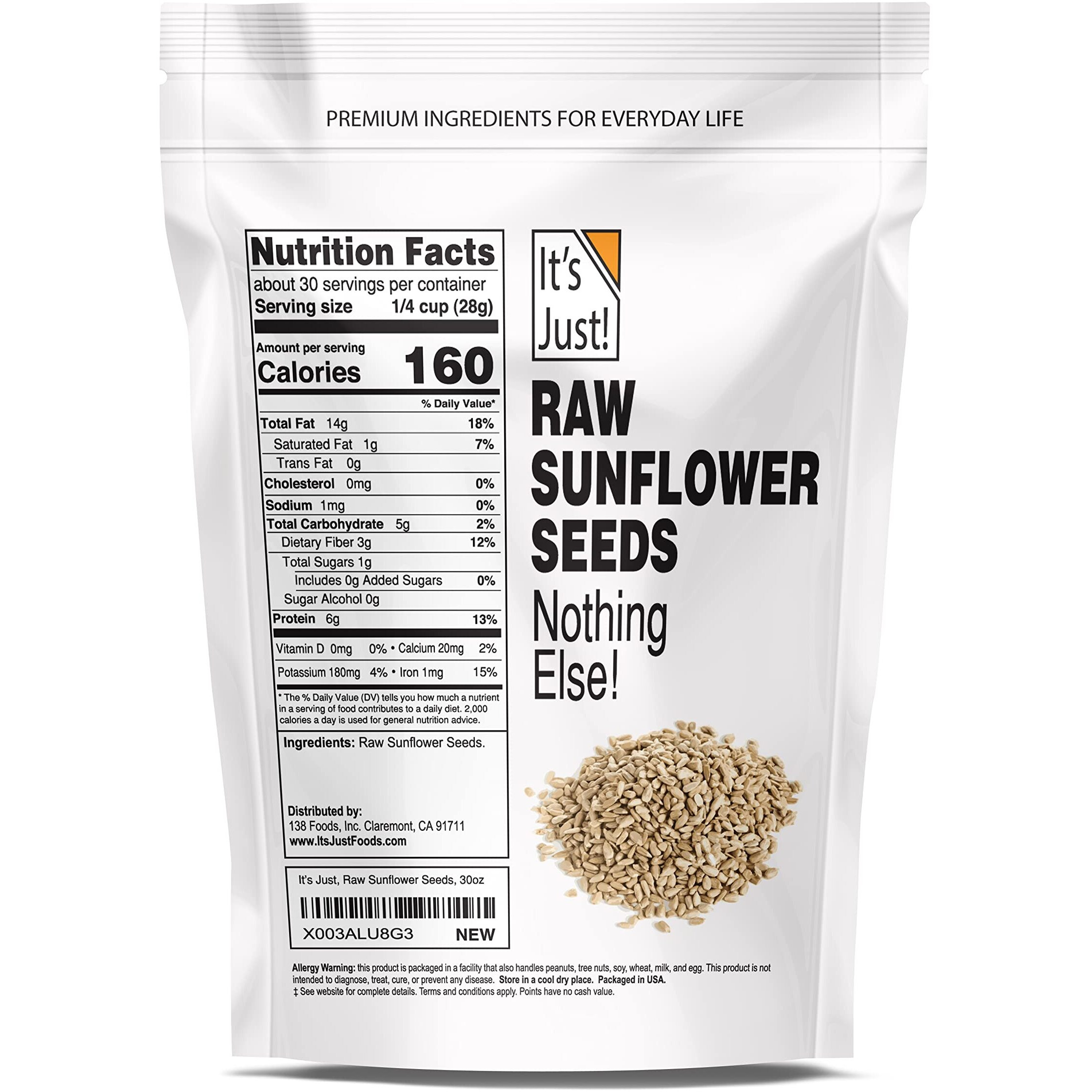 It's Just - Raw Sunflower Seeds, 1.88Lbs, Product Of Bulgaria, Unsalted, Shelled, Perfect For Baking, 30Oz