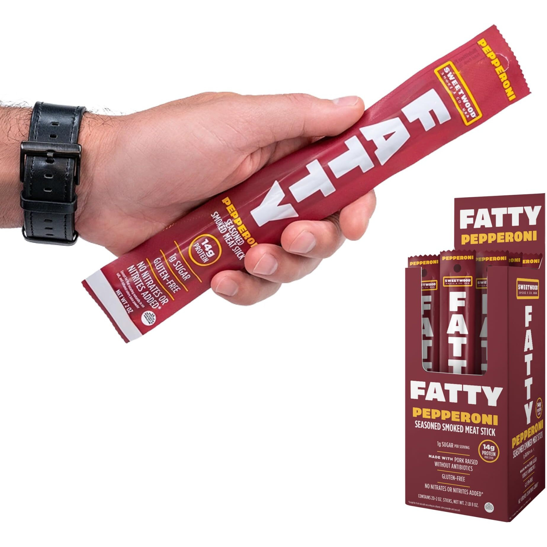 Fatty Meat Sticks, Grass-Fed Beef, High Protein Snack, Camping, Sports, Road Trip, Low Carb, Gluten Free, Msg Free, Nitrate Free, Pepperoni Flavor, 2 Ounce (Pack Of 20)