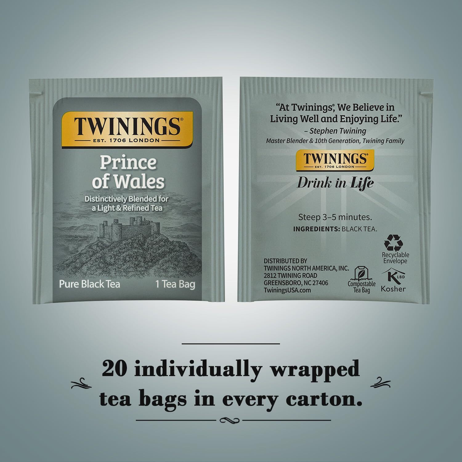 Twinings Prince Of Wales Tea - A Light & Velvety Smooth Caffeinated Black Tea, Individually Wrapped Tea Bags, 20 Count (Pack Of 4)