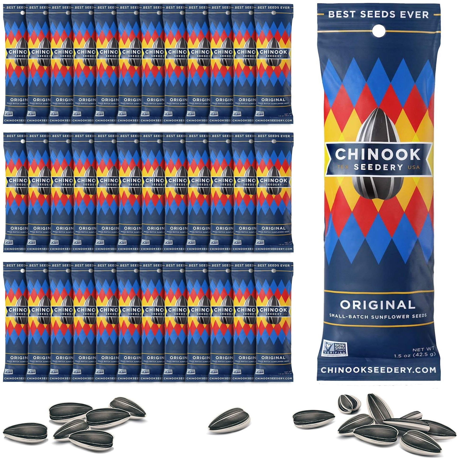 Chinook Seedery Roasted Sunflower Seeds To Eat - Jumbo Low Sodium Sunflower Seeds Keto Snacks - Adventure, Baseball, School Snacks - Gluten Free, Non Gmo Snacks - 1.5 Oz (Pack Of 36) Original