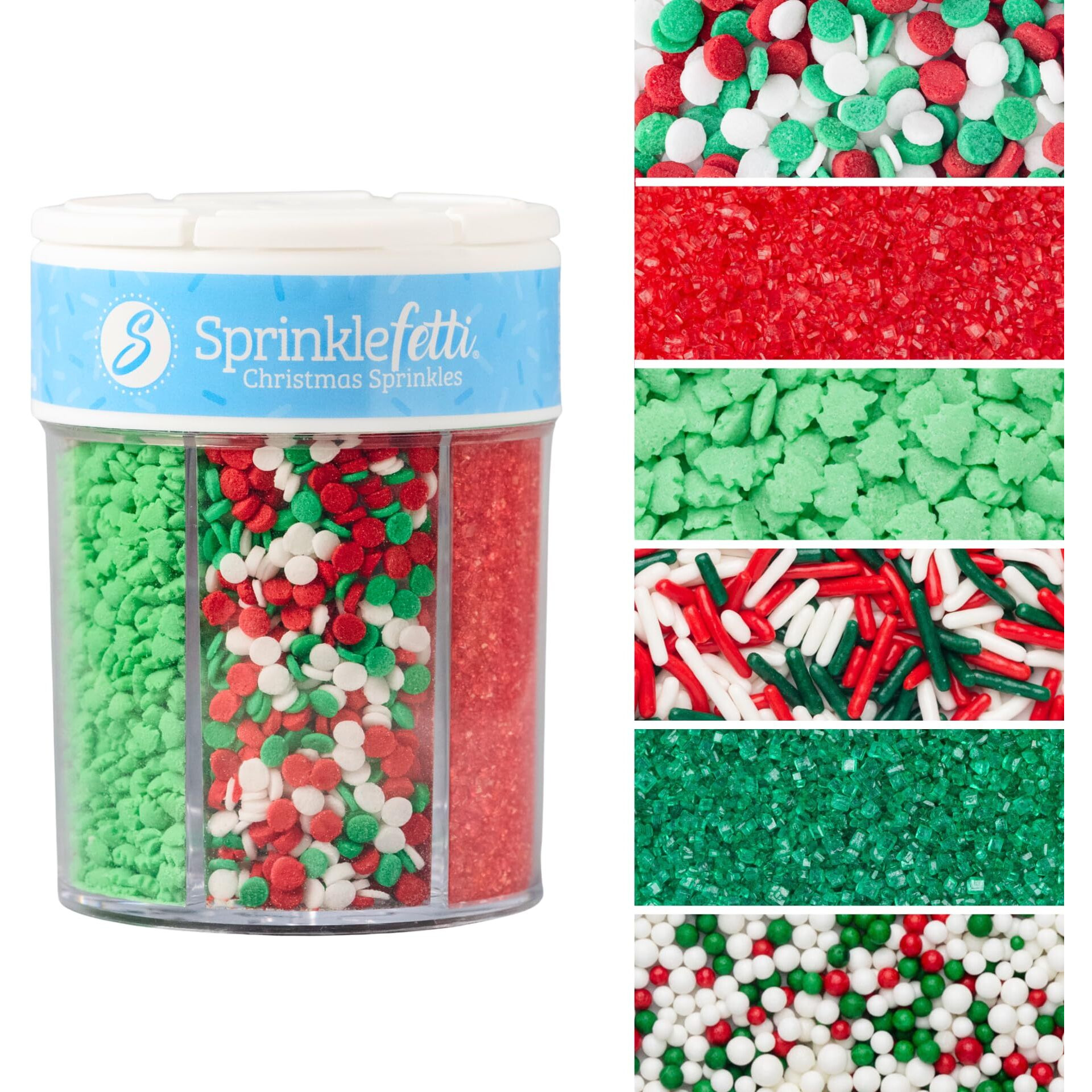 Sweets Indeed Christmas Sprinkles, Edible Sprinkle Mix, Tree Confetti, Jimmies, Sanding Sugar, Perfect For Cake Decorations, Baking, Ice Cream, Cookies, Cupcake Topper, 6.45 Ounces (Christmas 6 Cell)