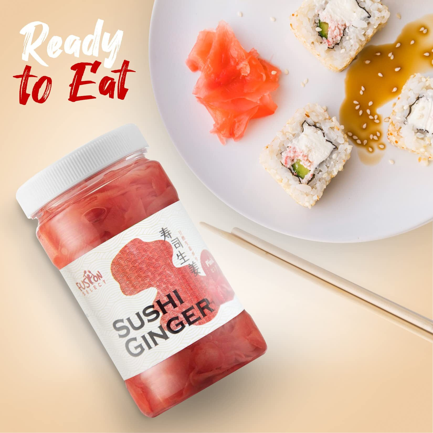 Fusion Select Sushi Ginger - Natural Sliced Gari, Pickled Ginger For Sushi - No Msg, Non-Gmo - Spicy, Sour, Sweet & Salty Taste Notes - Side Dish For Sashimi, Sushi Ingredients - 12Oz (Pink, 1Pk)
