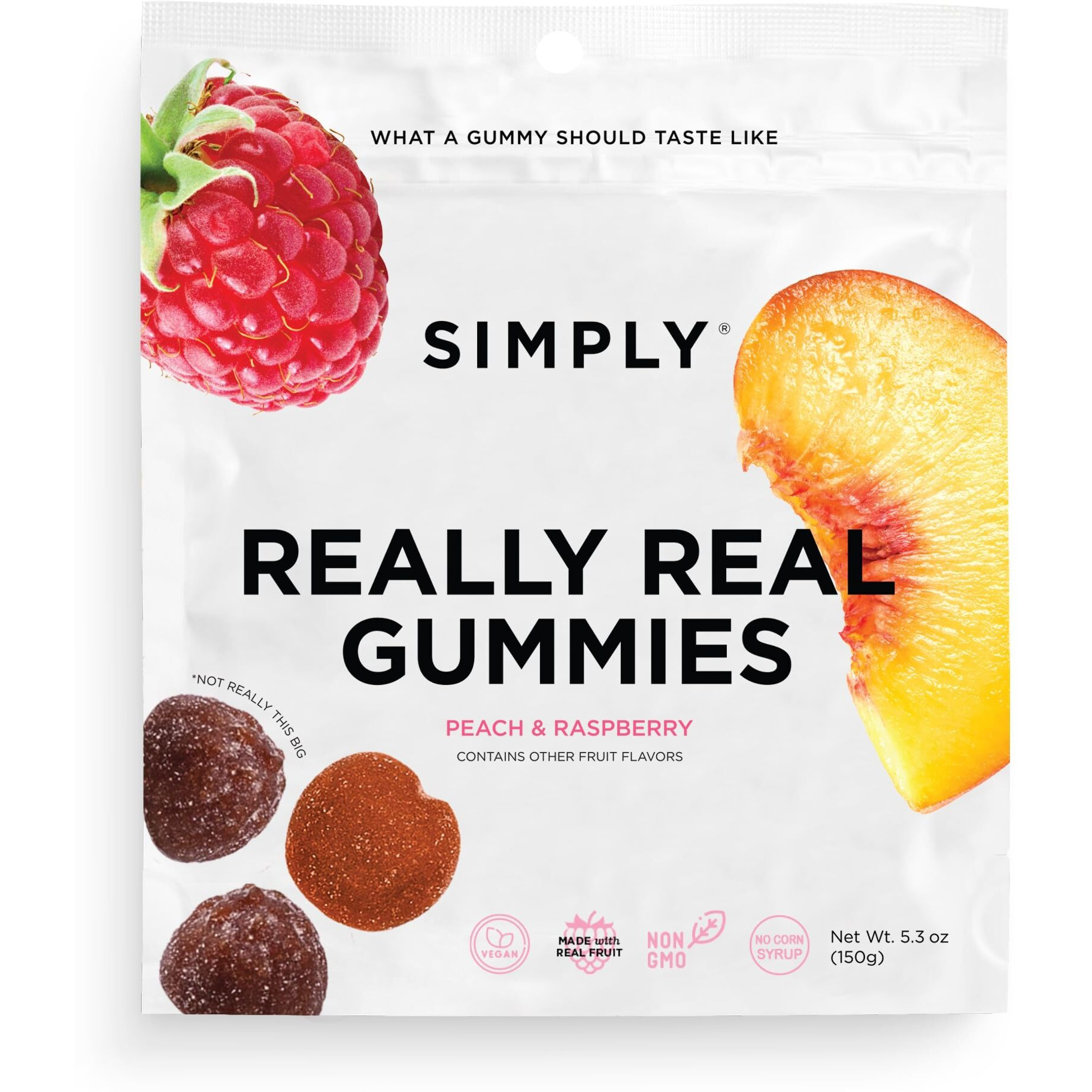Simply Really Real Gummies | Made With Real Fruit | Peach And Raspberry | 5.3 Oz (Pack Of 2) | No Cane Sugar + Gluten Free + Kosher