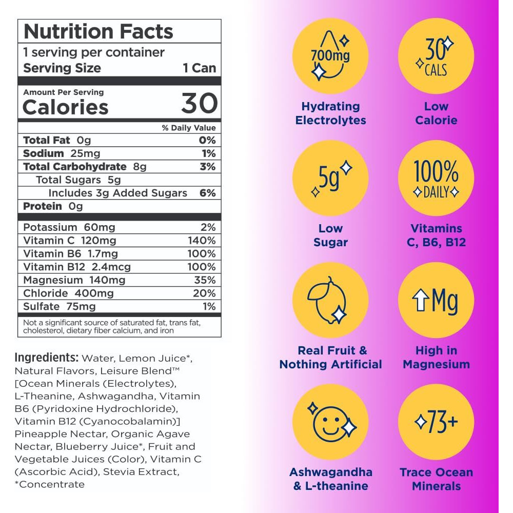 Leisure Drinks - Blueberry Electrolyte Drink [Electrolyte Refresher - 16Oz Cans, 12Pk] - Low Sugar Hydration Drink - Healthy Beverage Packed W/ Magnesium, Ashwagandha, & Minerals For Mood & Stress Support