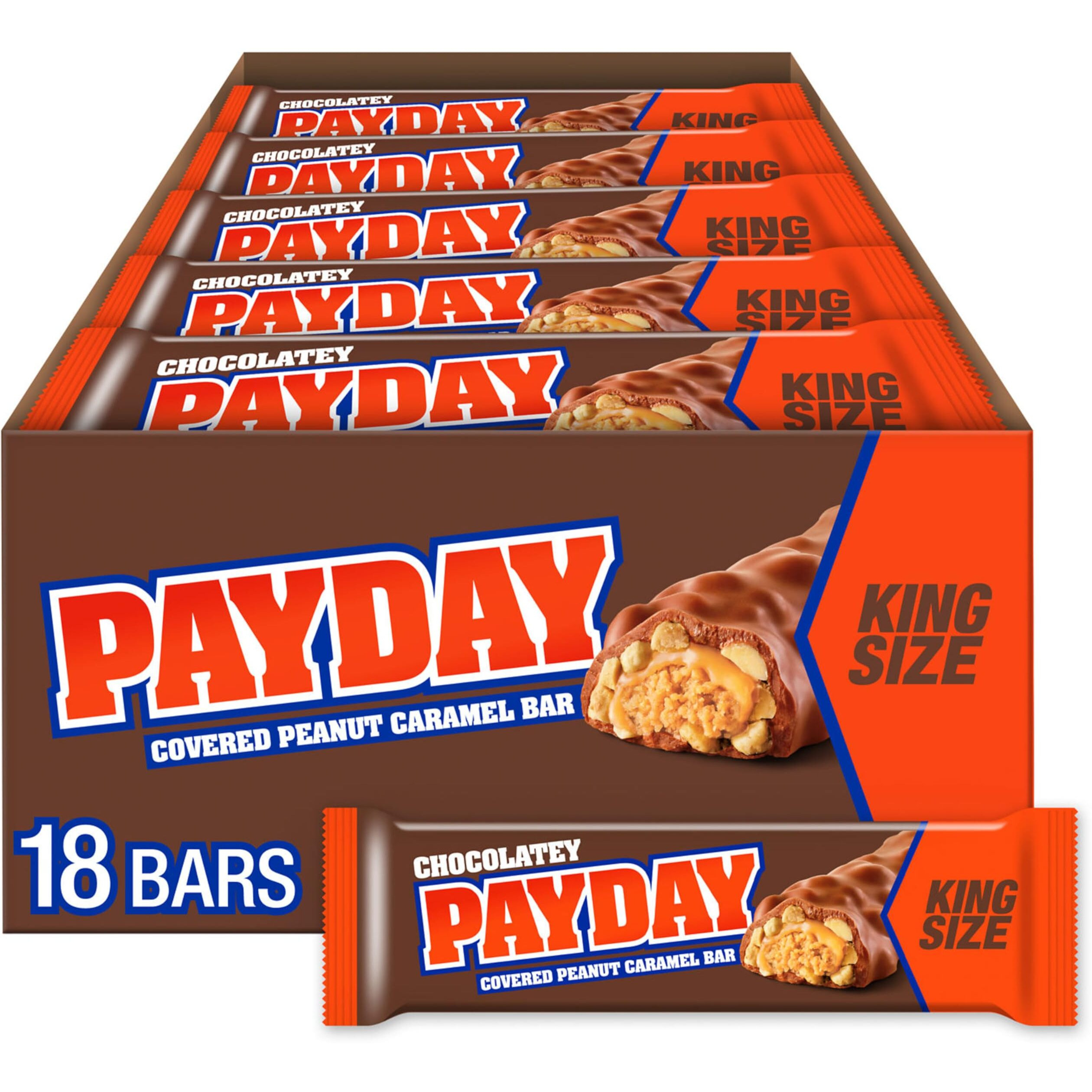 Payday Chocolatey Peanut Caramel King Size, Candy Bars, 3.1 Oz (18 Count)