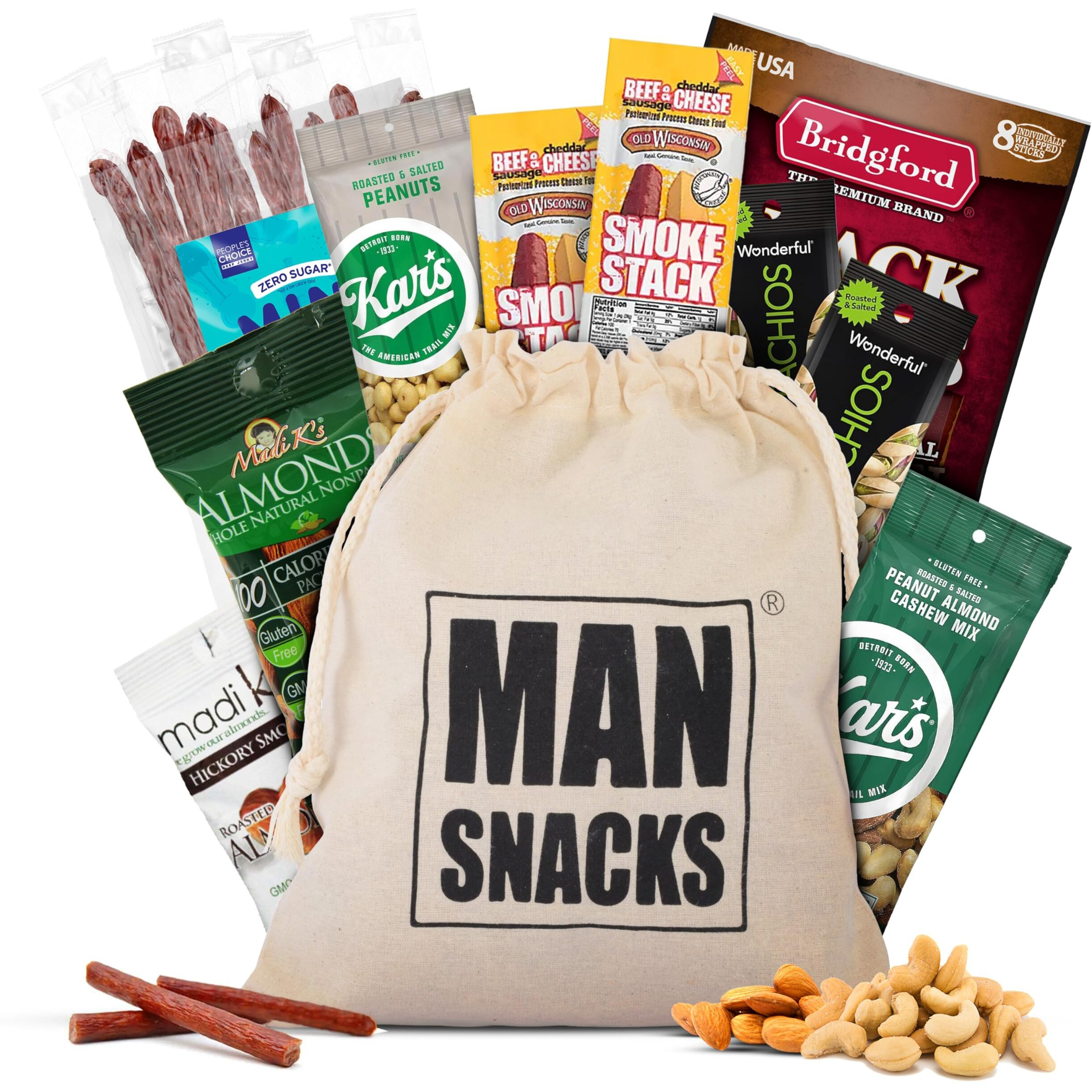 Mansnacks Deluxe Jerky & Nuts Gift Basket For Men - 28 Pc - Large Variety Of Beef Jerky Sticks, Pepperoni Sticks, Cheese Stick, Almonds, Peanuts & Pistachios, In A Manly Gift Bag
