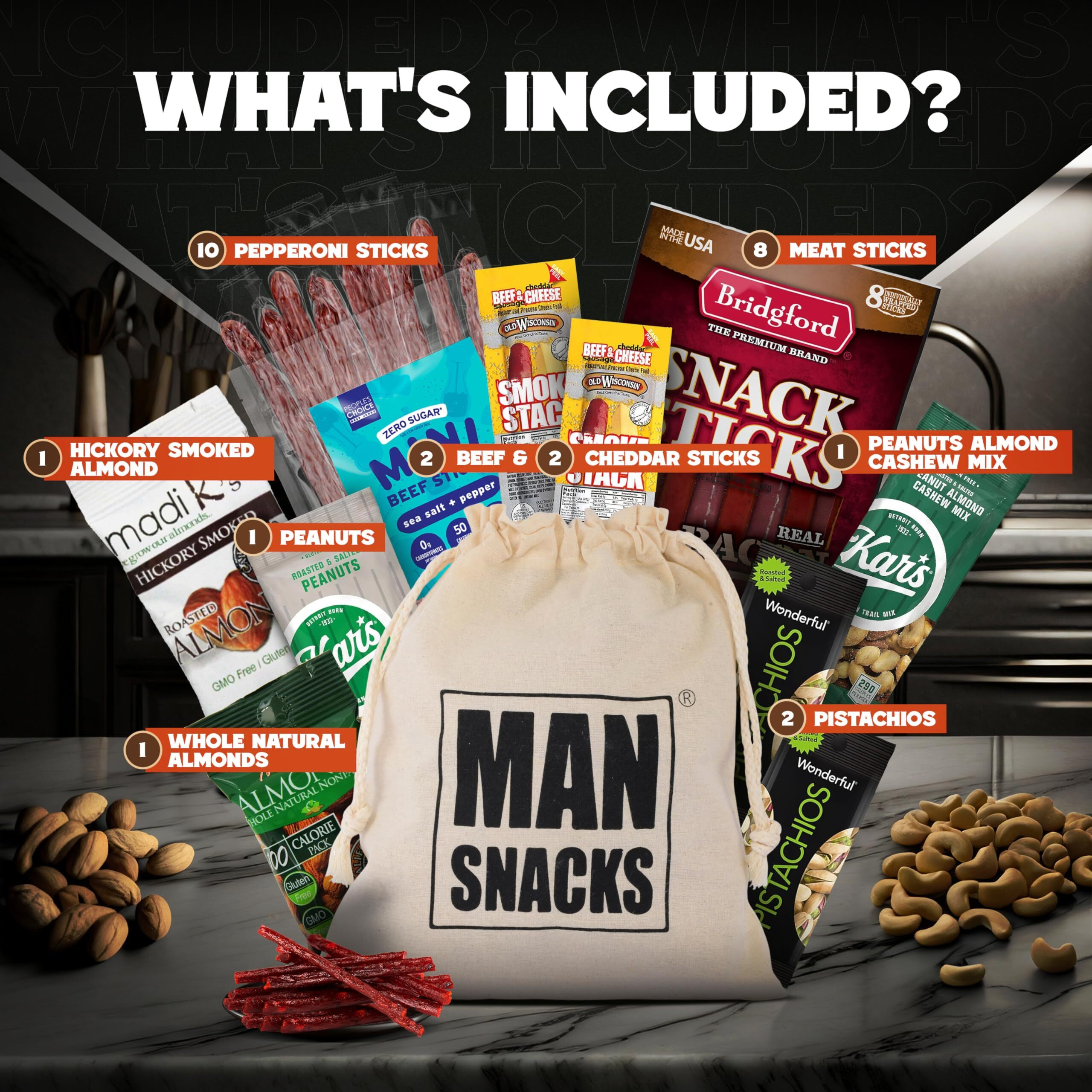 Mansnacks Deluxe Jerky & Nuts Gift Basket For Men - 28 Pc - Large Variety Of Beef Jerky Sticks, Pepperoni Sticks, Cheese Stick, Almonds, Peanuts & Pistachios, In A Manly Gift Bag
