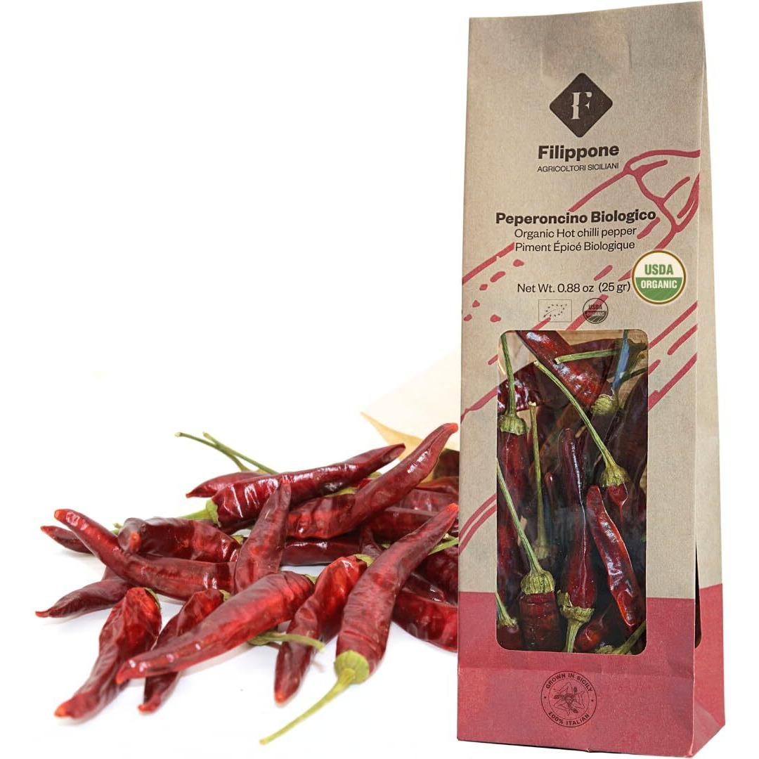Organic Whole Dried Chili Peppers, On Stem, 25 G (0.88 Oz), Filippone, Sicilian, Fresh Grown In The Mountains Of Sicily, Spicy Sicilian Pepperoncino With Intense Aroma And Flavor, Decoration, Cooking, Certified Usda Organic
