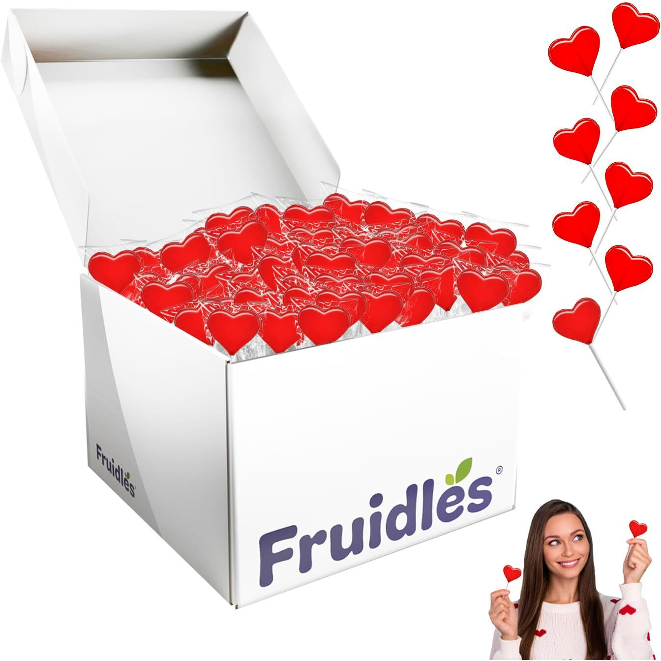 Fruidles Valentines Day Mini Red Heart Shaped Strawberry Flavored Lollipop, Individually Wrapped, 5G (2400 Lollipops (30 Pounds (Bulk)))