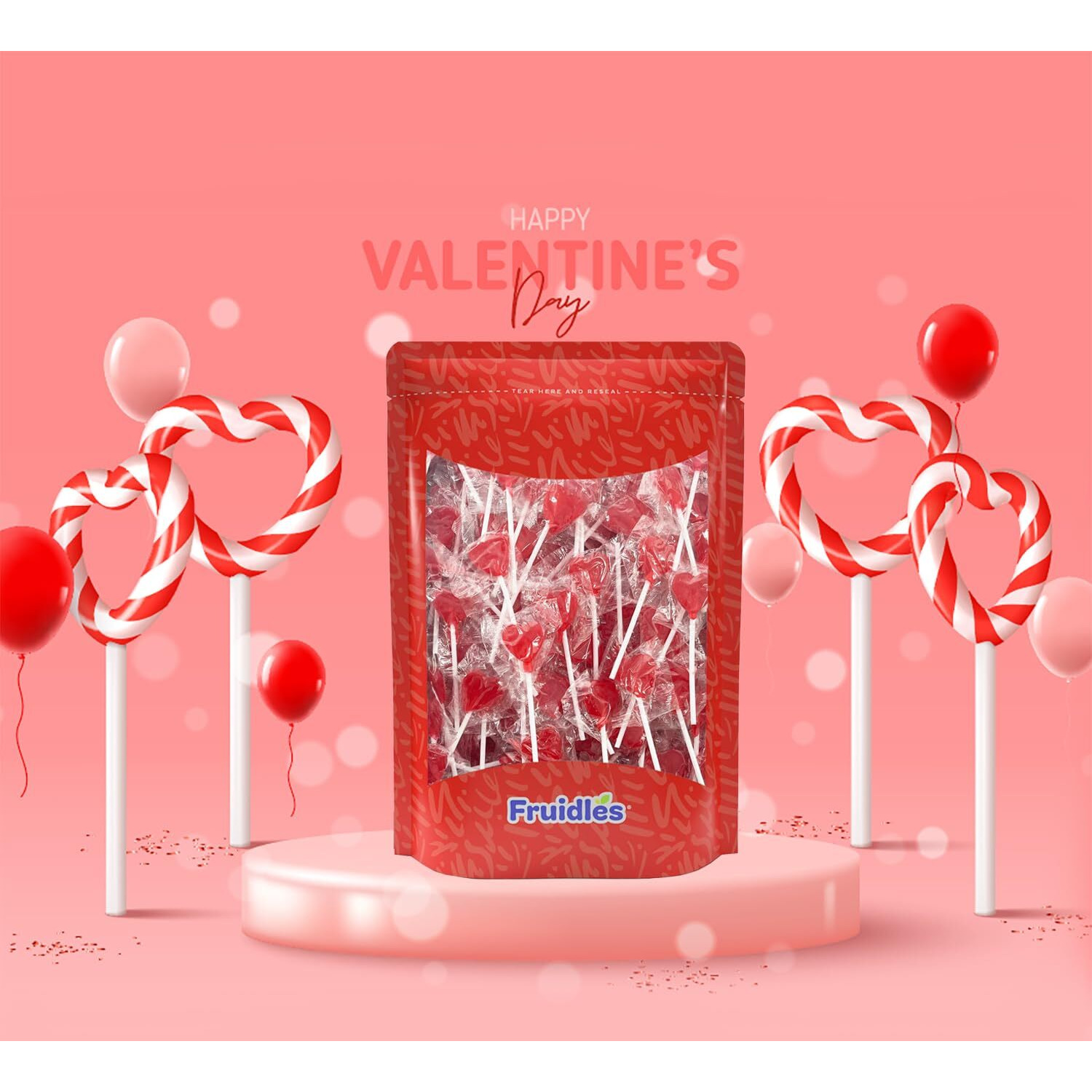 Fruidles Valentines Day Mini Red Heart Shaped Strawberry Flavored Lollipop, Individually Wrapped, 5G (2400 Lollipops (30 Pounds (Bulk)))