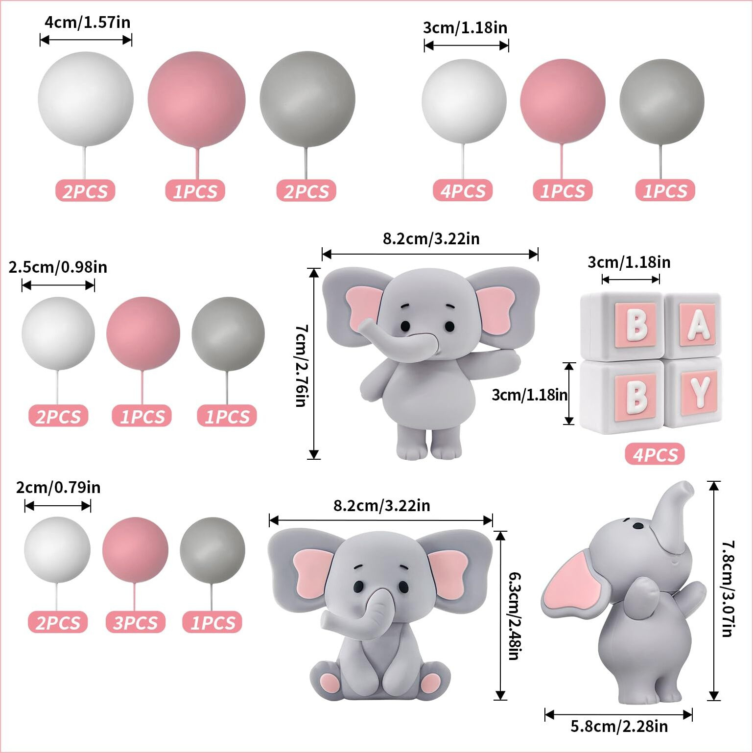 28 Pcs Elephant Cake Toppers Balls Cake Decorations Diy Cake Topper For Boy Girl Baby Shower Birthday Party Decorations (Pink)