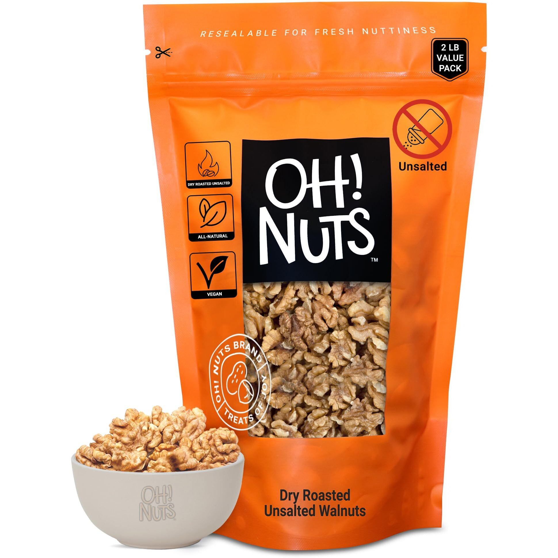 Walnuts | Dry Roasted Unsalted | 2 Lb | Packed In New York Zip-Seal Bag For Exceptional Freshness By Oh Nuts