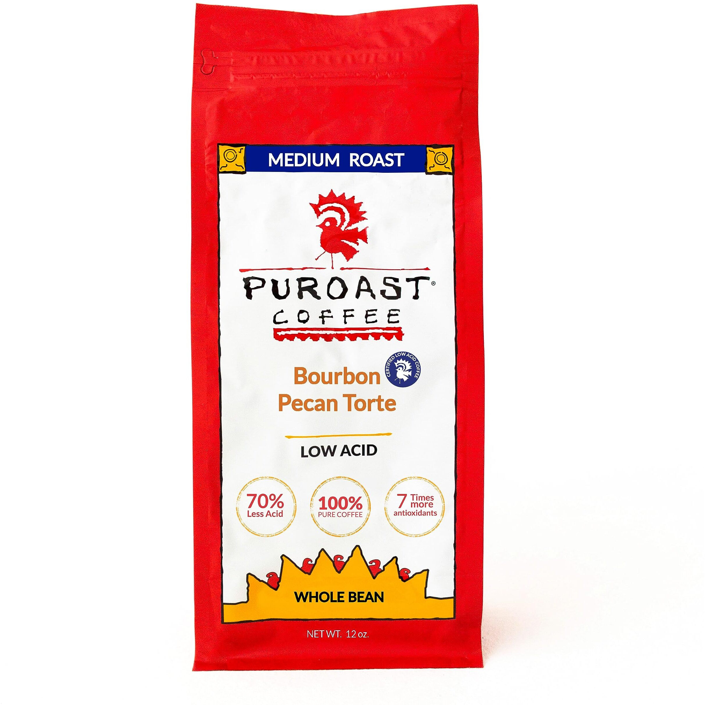 Puroast Low Acid Whole Bean Coffee, Premium Bourbon Pecan Flavor, High Antioxidant, 0.75 Pound Bag