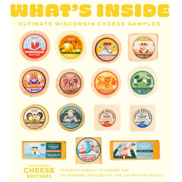 Cheese Bros. Wisconsin Ultimate Assortment Gift Box | Includes 8 Year Aged Cheddar, Rhapsody, Gruyere, Spicy Goudas, Smoked Provolone, Dill Havarti, Mozzarella, Cheddars | Great Food Gifting Idea