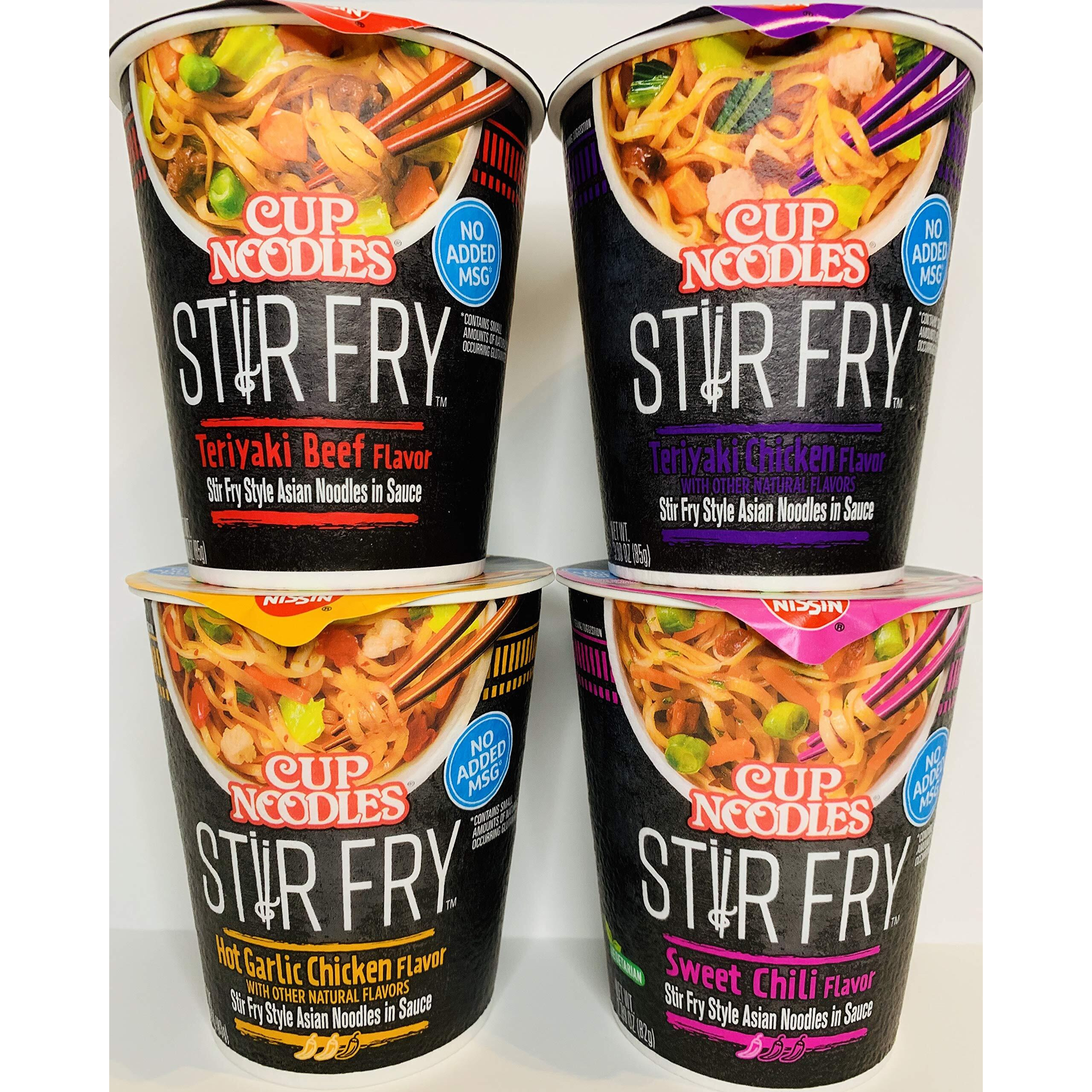 Nissin Cup Noodles Stir Fry Variety 4 Pack Teriyaki Beef, Teriyaki Chicken, Hot Garlic Chicken, Sweet Chili