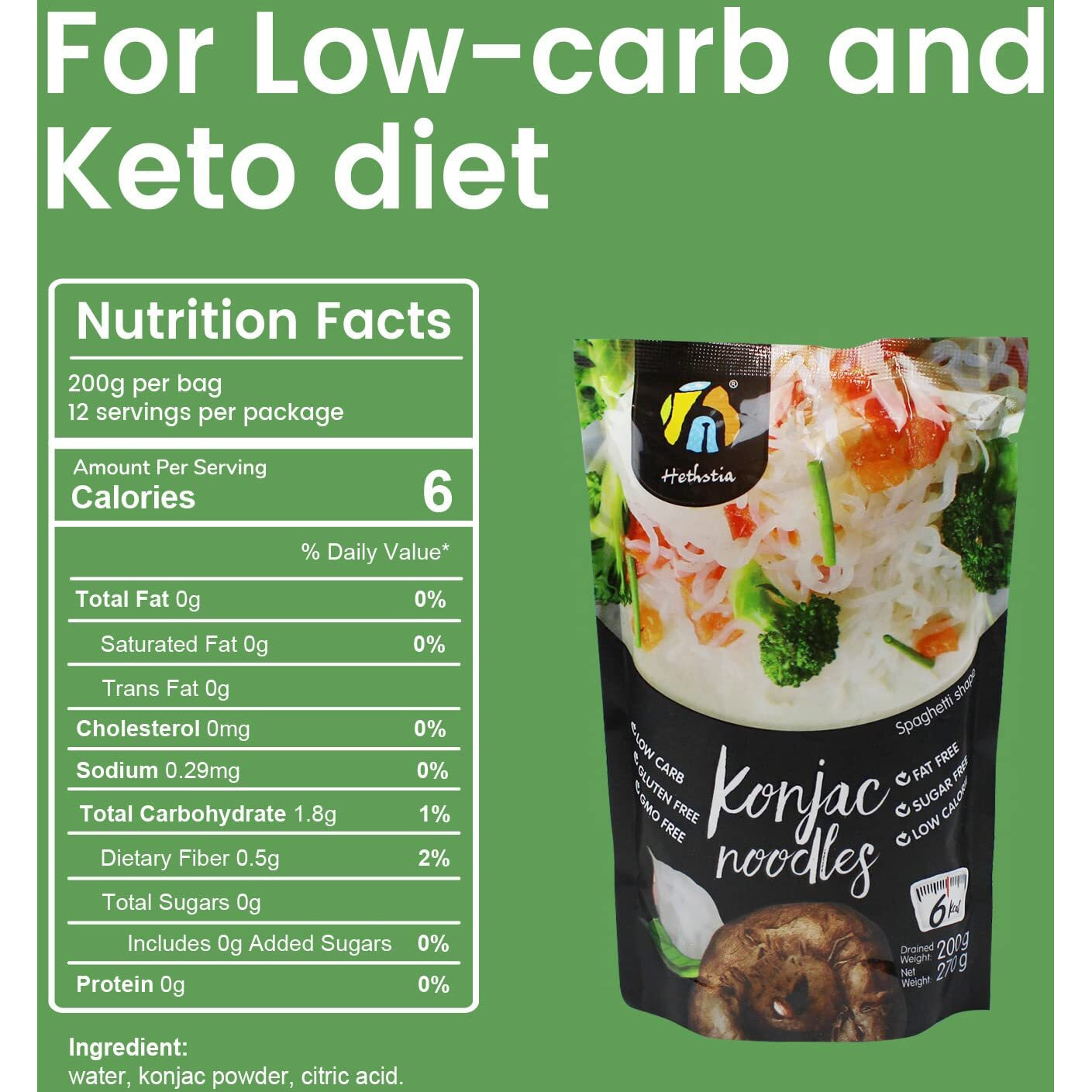 Hethstia Shirataki Noodle Keto Healthy Diet Konjac Spaghetti Low Calorie Low-Carb Pasta Sugar Free, Pre-Cooked And Ready To Eat, Kosher, Gluten-Free, Vegan, Paleo-Friendly(9.52 Oz, Pack Of 6)