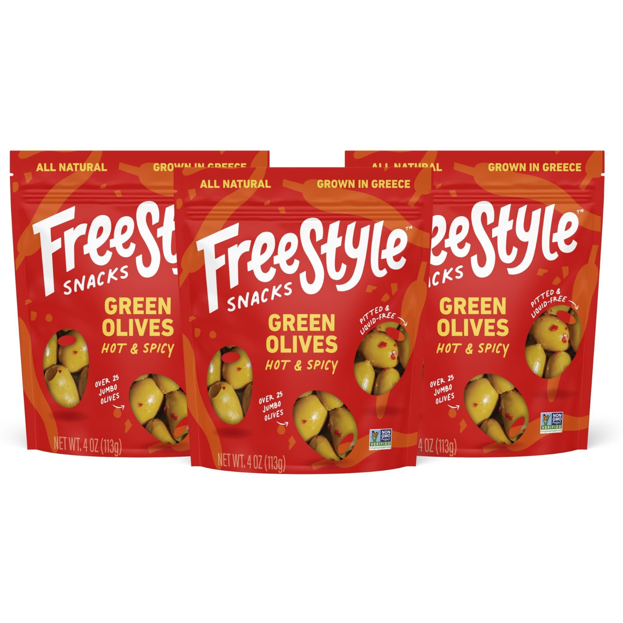 Freestyle Snacks Olive Snack Packs - Fresh Pitted Green Olives, Jumbo-Sized, Grown In Greece, All Natural, Non-Gmo, Paleo, Sugar-Free, Keto Snacks, Salty Snack - Hot & Spicy, 4Oz (3 Pack)