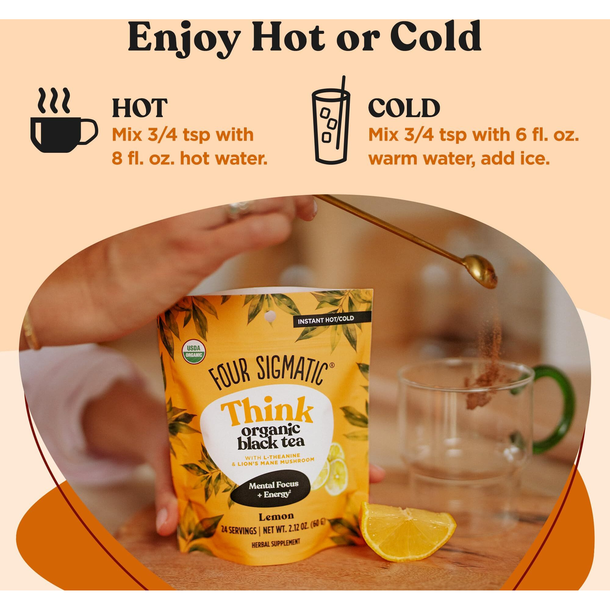 Four Sigmatic Think Organic Black Tea | Instant Organic Lemon Tea W/Lion's Mane & L-Theanine For Mental Clarity & Focus | Organic Herbal Tea W/Adaptogens | Vegan, Gluten-Free | Lemon, 24 Servings