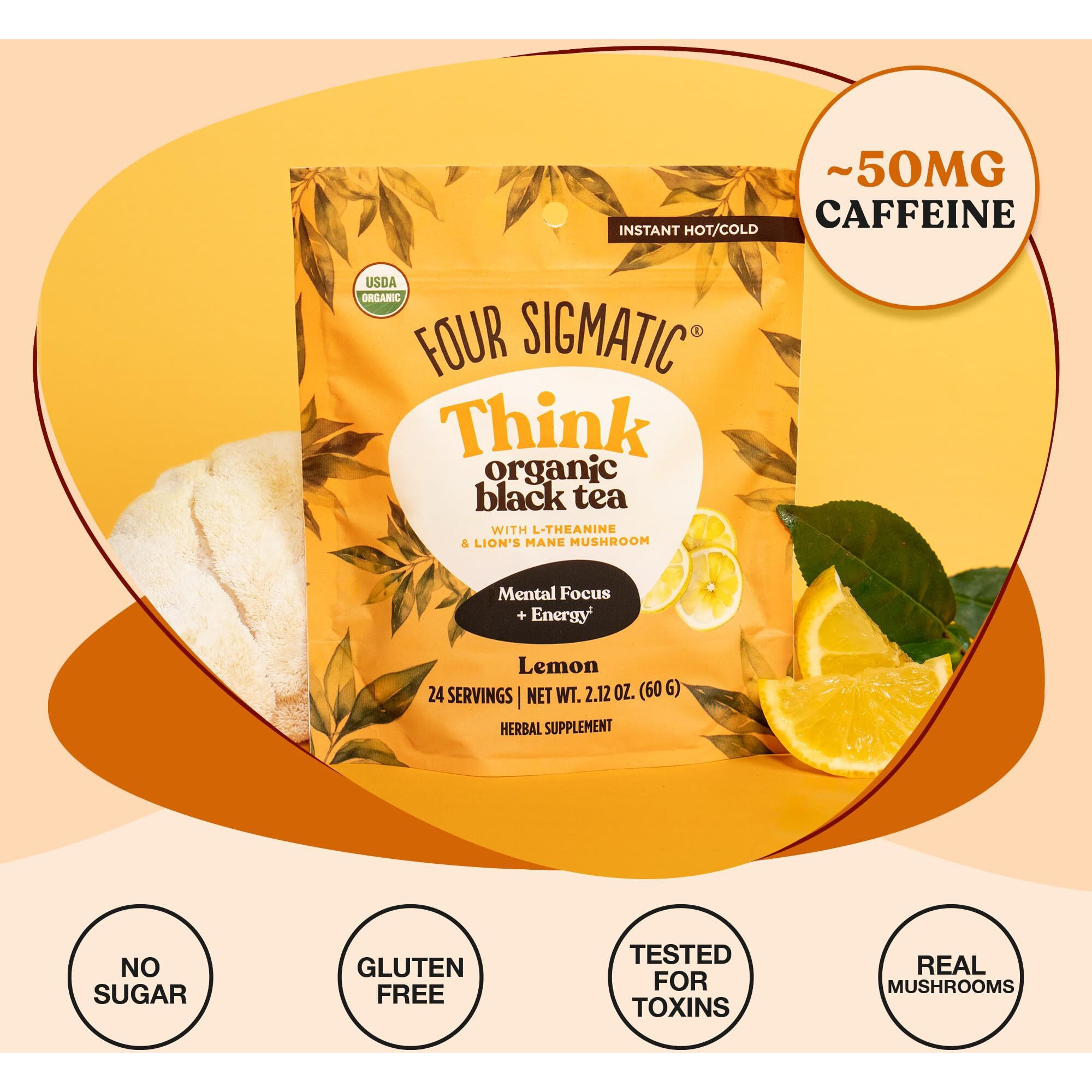 Four Sigmatic Think Organic Black Tea | Instant Organic Lemon Tea W/Lion's Mane & L-Theanine For Mental Clarity & Focus | Organic Herbal Tea W/Adaptogens | Vegan, Gluten-Free | Lemon, 24 Servings