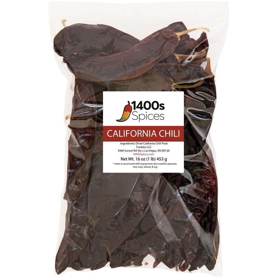 1Lb California Dried Whole Chilies Peppers, Anaheim Chile Seco Pods For Authentic Mexican Food, Heat-Sealed Resealable Bag By 1400S Spices