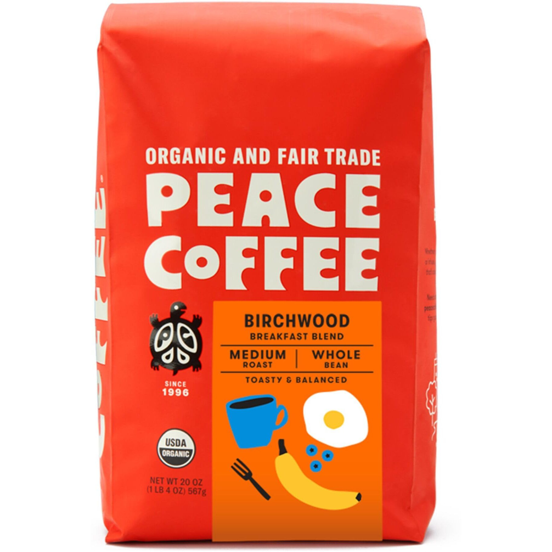Peace Coffee Birchwood Breakfast Blend | 20 Oz Whole Bean Medium Roast | Organic Fair Trade | Smooth, Mild Flavor | Shade Grown, Fresh Roasted