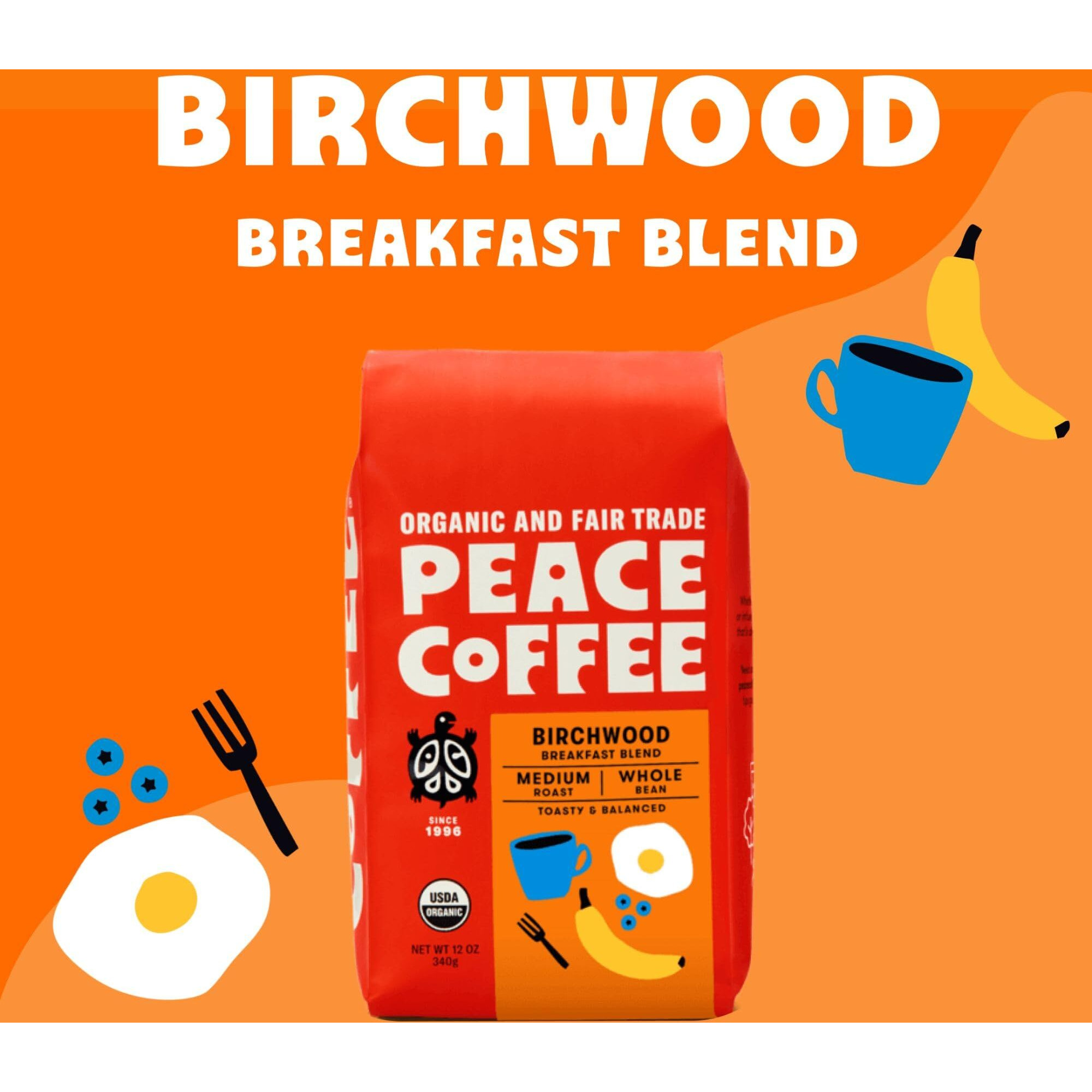 Peace Coffee Birchwood Breakfast Blend | 20 Oz Whole Bean Medium Roast | Organic Fair Trade | Smooth, Mild Flavor | Shade Grown, Fresh Roasted