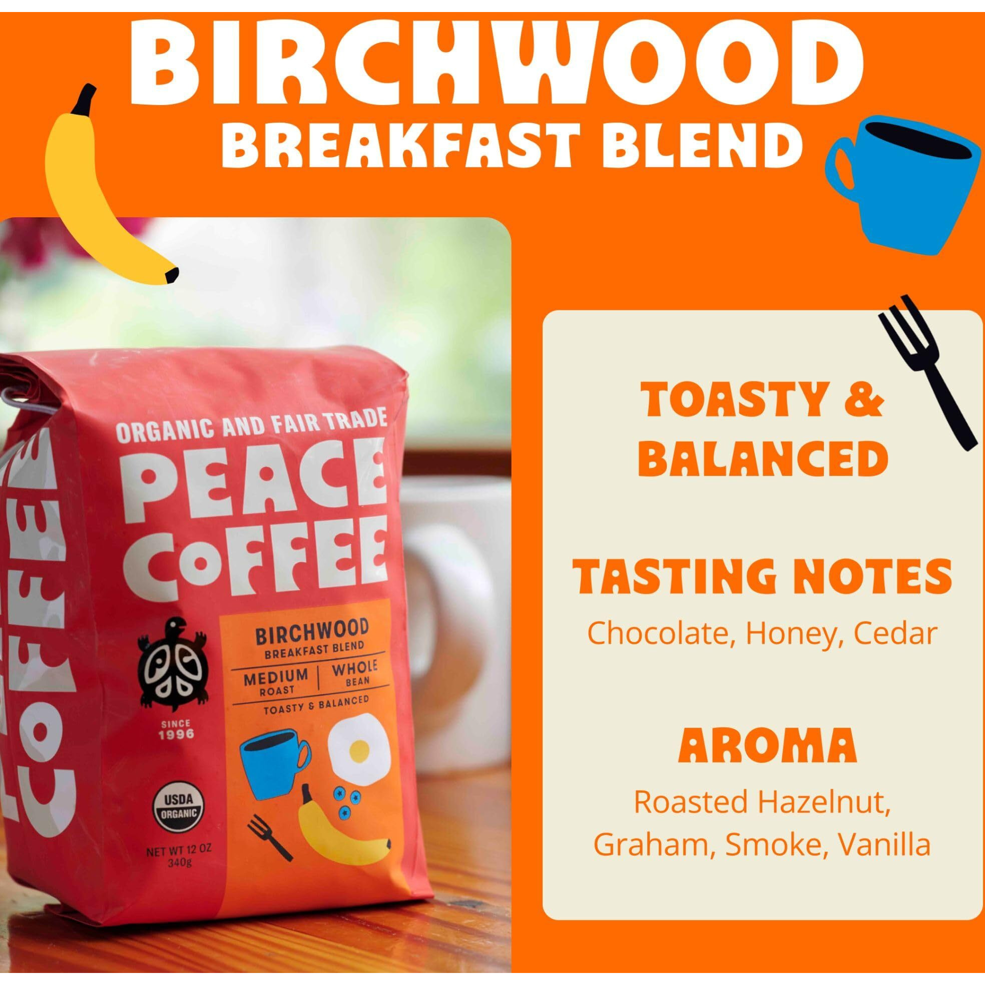 Peace Coffee Birchwood Breakfast Blend | 20 Oz Whole Bean Medium Roast | Organic Fair Trade | Smooth, Mild Flavor | Shade Grown, Fresh Roasted