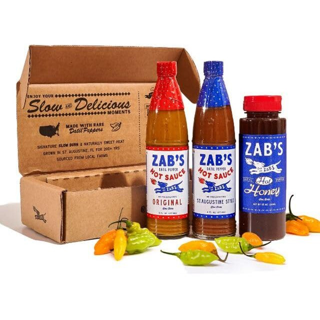 Zab's Hot Sauce 3-Pack Gift Set | Original And St. Augustine Style (2-Pack, 6 Fl. Oz) And Hot Honey (1-Pack 12 Fl. Oz) | Signature Slow Burn | Vegetarian
