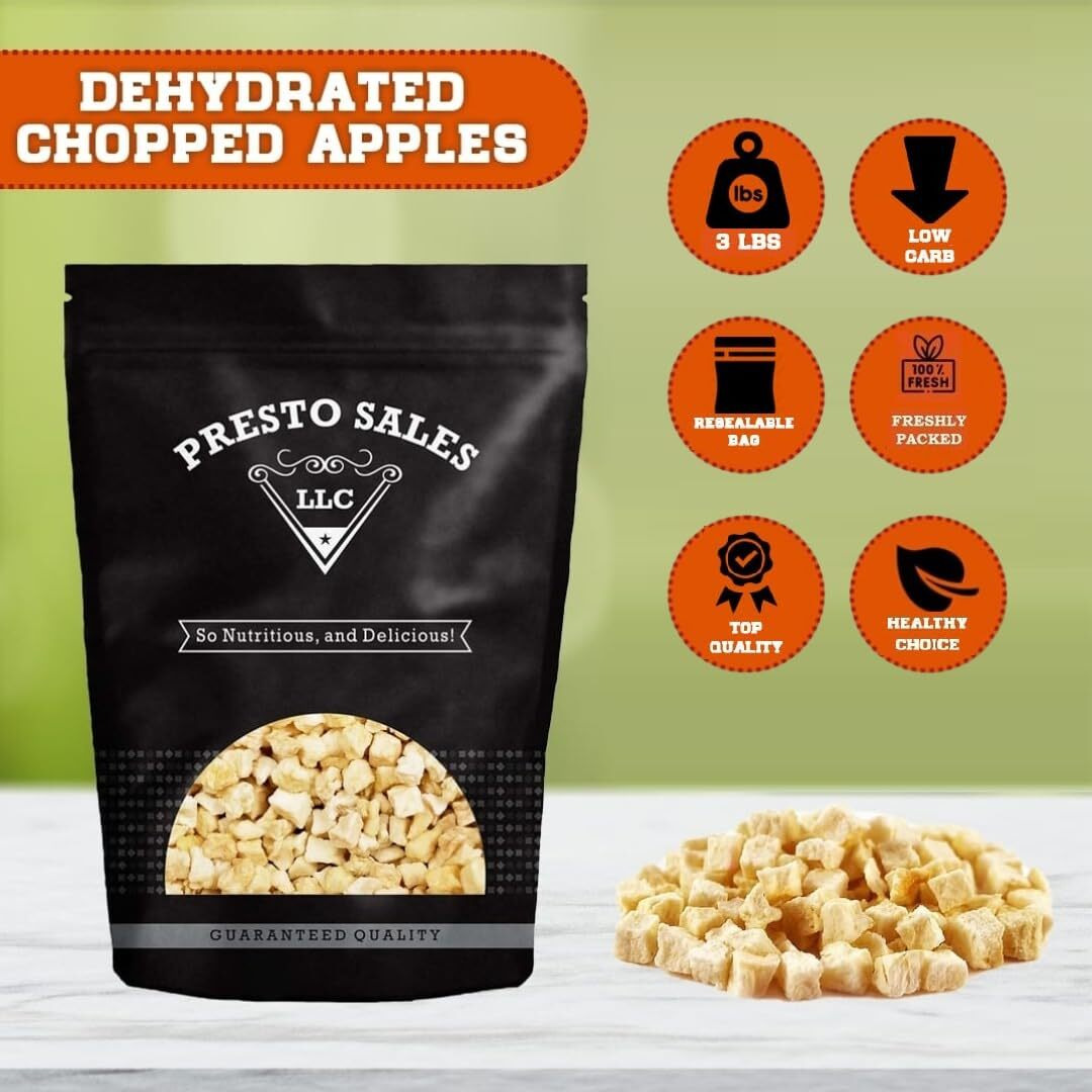 Presto Sales Dried Apple Cubes 48 Oz | All Natural Dried Fruit Snack | Vegan, Non-Gmo Dehydrated Fruit | Packed Fresh In Resealable 3 Lbs Pouch Bag