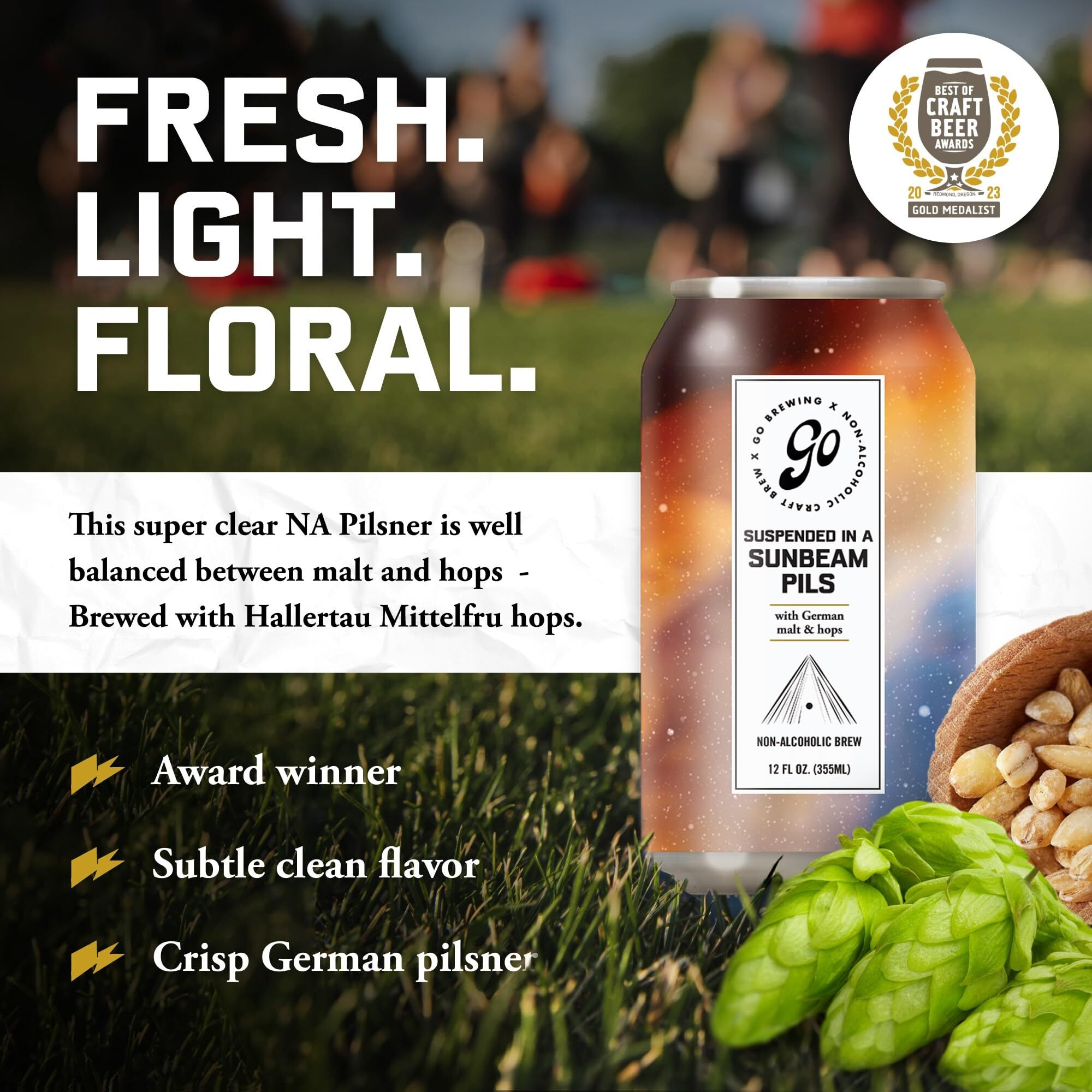 Go Brewing Non-Alcoholic Brew, Suspended In A Sunbeam Pils - Low-Calorie - Non-Alcoholic Brews, Crafted In Small Batches, 12 Fl Oz Cans, 12-Pack