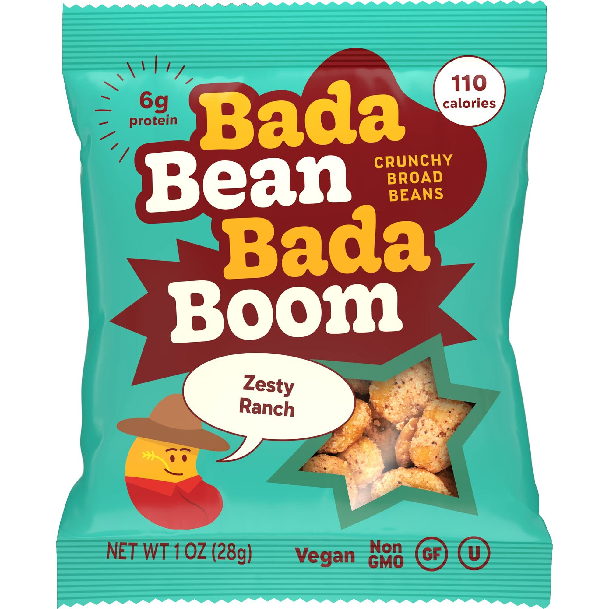 Bada Bean Bada Boom, Crunchy Roasted Broad Bean Snacks (Fava), High Protein, Vegan, Gluten-Free - 110 Calorie Packs, Ranch, 1 Ounce (Pack Of 24)