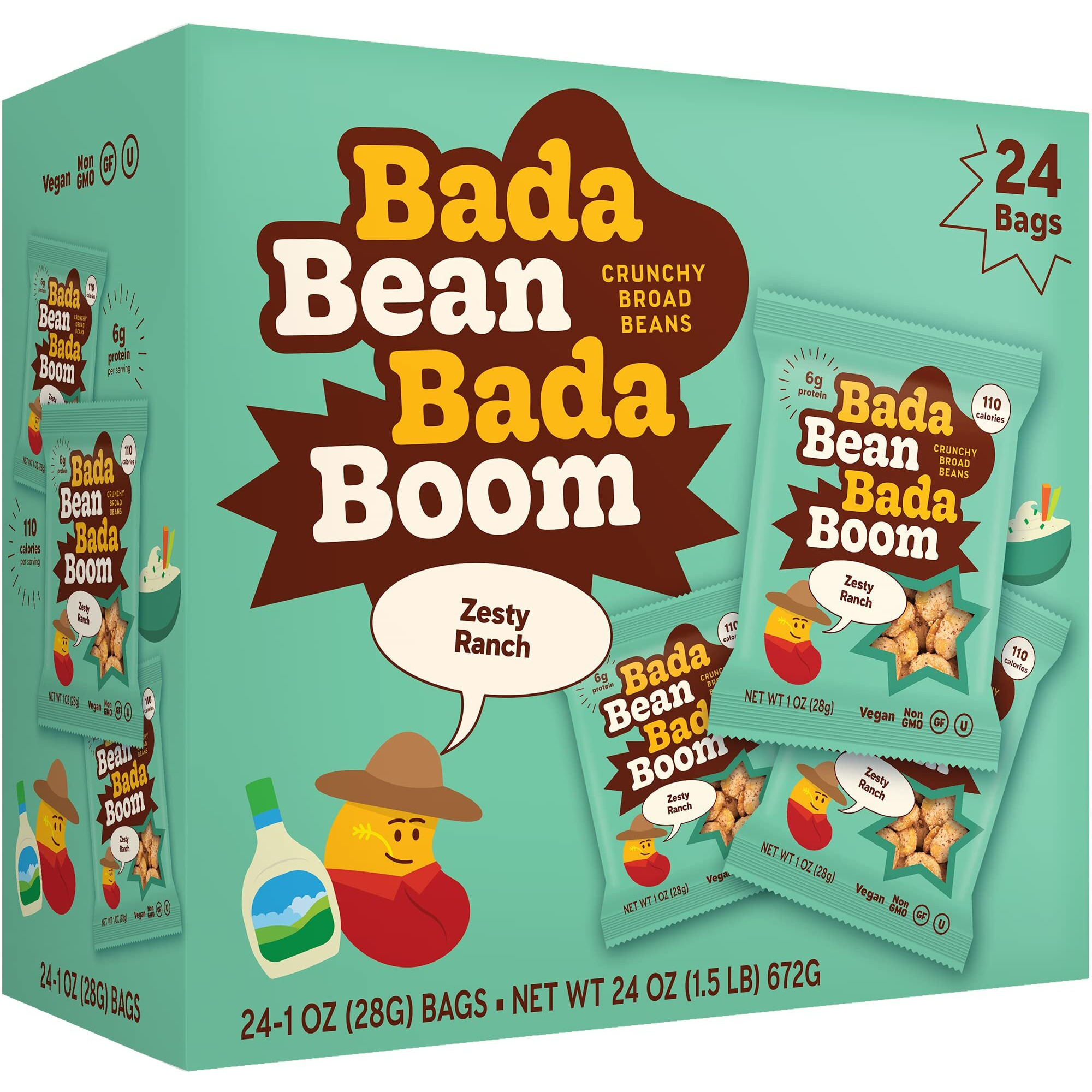 Bada Bean Bada Boom, Crunchy Roasted Broad Bean Snacks (Fava), High Protein, Vegan, Gluten-Free - 110 Calorie Packs, Ranch, 1 Ounce (Pack Of 24)