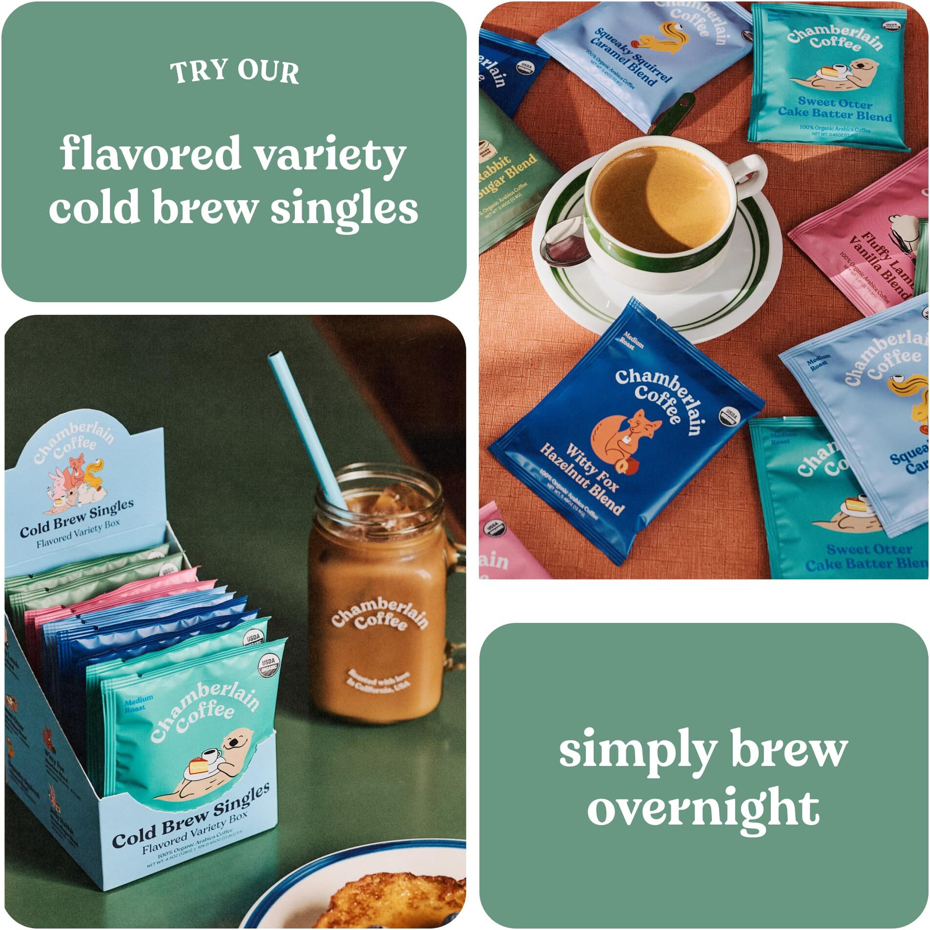 Chamberlain Coffee Flavored Cold Brew Singles Variety Pack - Cold Brew Coffee Grounds - Brew Hot Or Iced - Organic Coffee Single Serve Bags - 10 Cold Brew Sachets