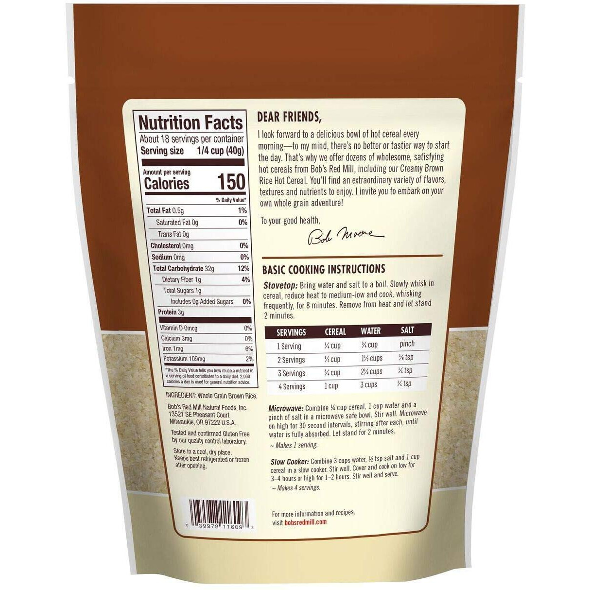 Bob's Red Mill Creamy Rice Farina Hot Cereal, Brown, 26 Oz (Pack Of 4)