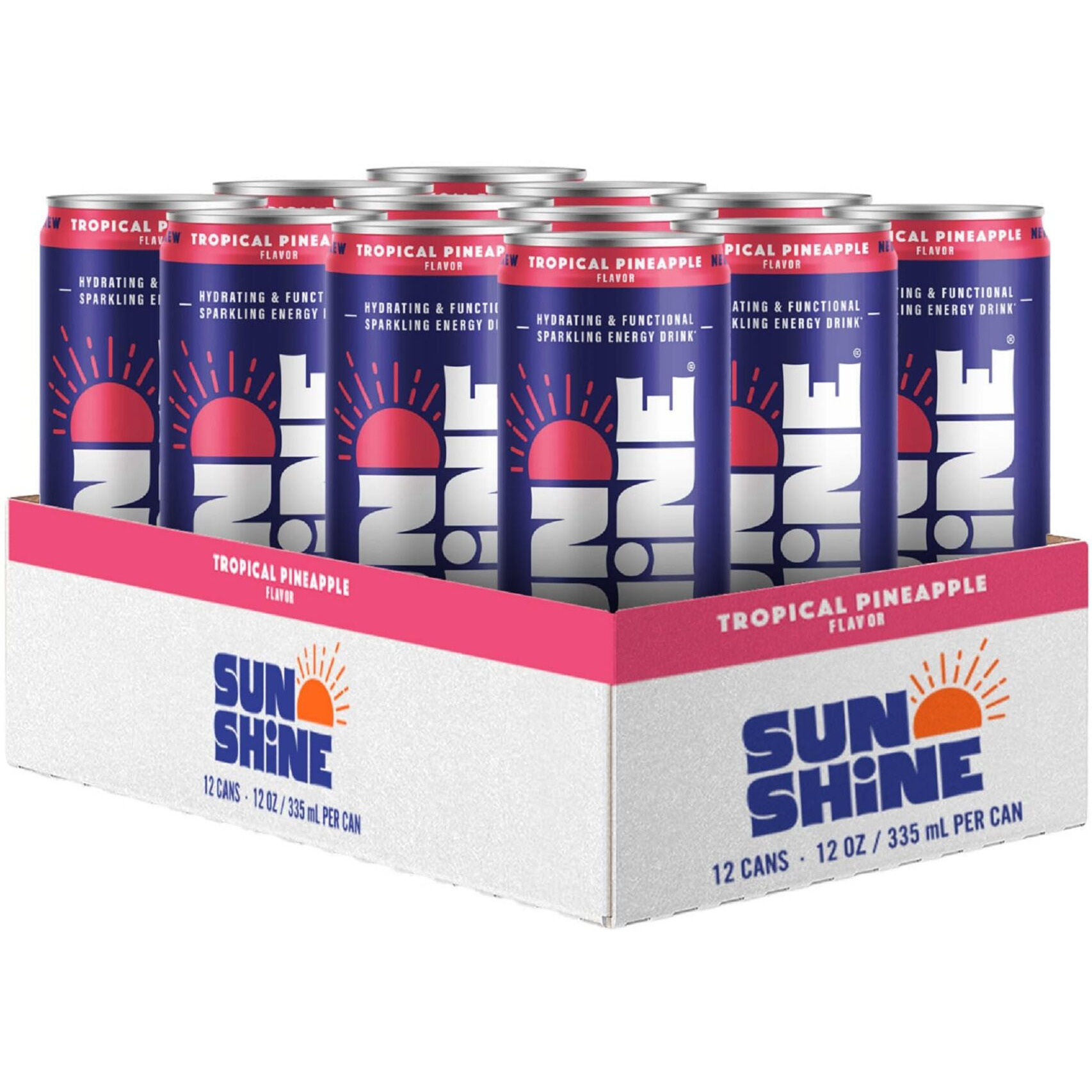 Sunshine Sparkling Energy Drink, Tropical Pineapple With Daily Essential Vitamins, 360Mg Of Electrolytes, 70Mg Of Natural Caffeine, 12 Fl Oz (Pack Of 12)
