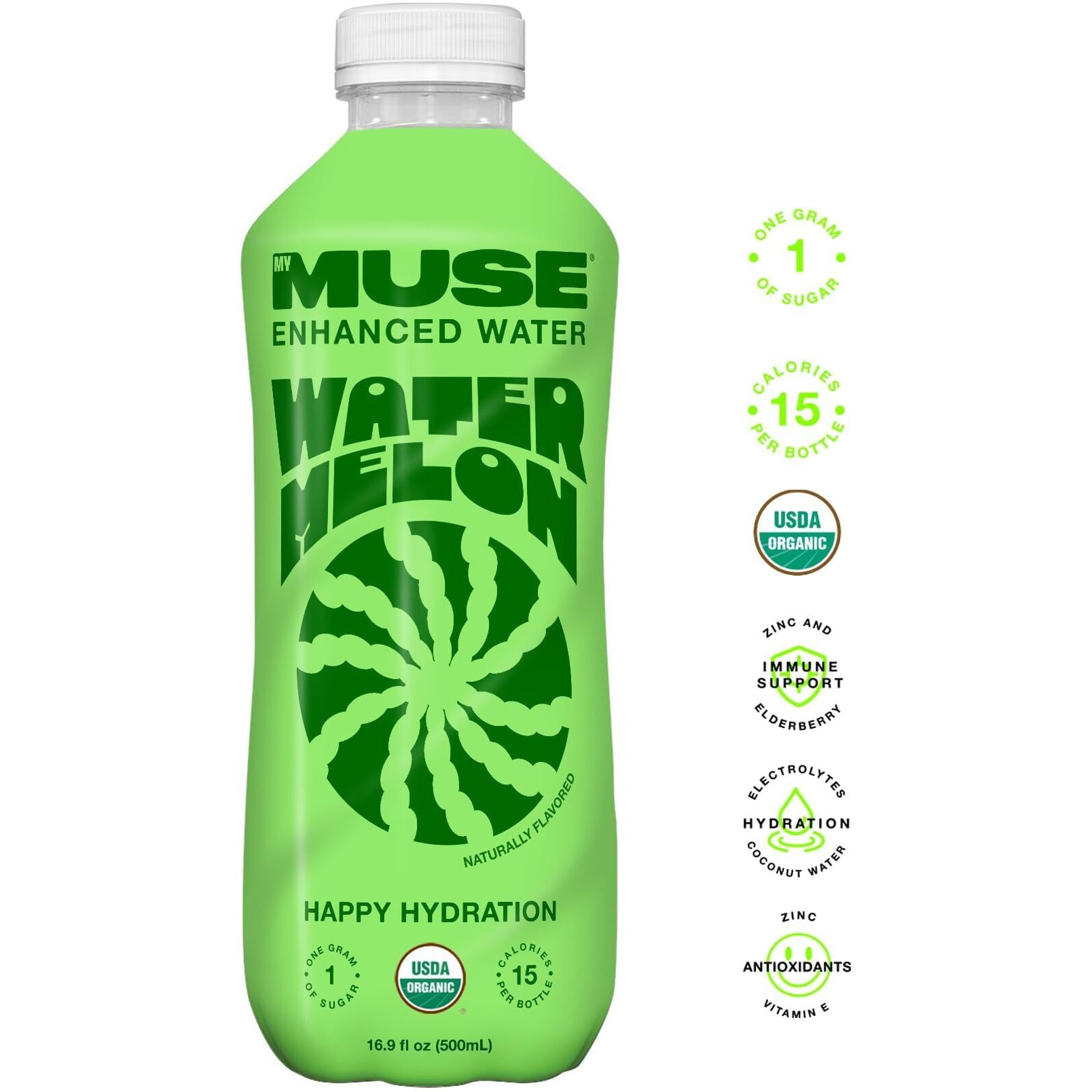 Mymuse Organic Enhanced Flavored Water, Watermelon, 16.9Oz Bottle (12 Pack), 1G Of Sugar, Immune Support With Zinc & Elderberry, Antioxidants Vitamin E, Low Calories, Healthy, Usda Organic, Keto Friendly