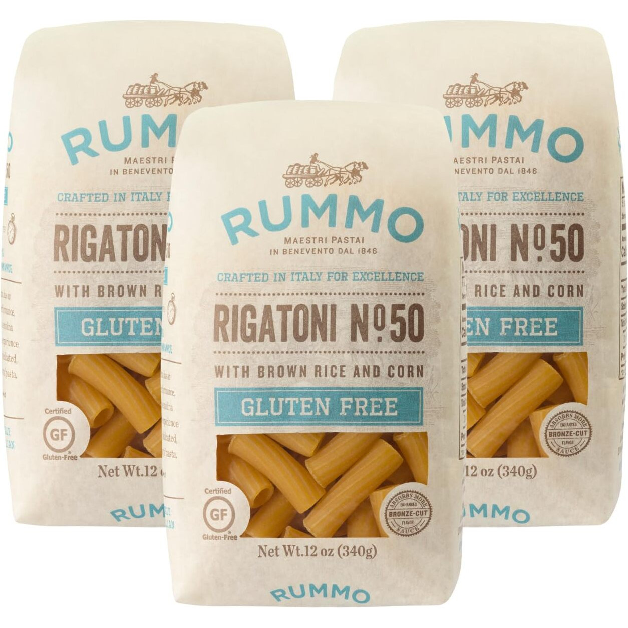 Rummo Gluten Free Rigatoni N.50 - Gluten Free Pasta, Made With Corn & Rice, Rigatoni Pasta Noodles, Pasta From Italy - 12 Ounce (Pack Of 3)