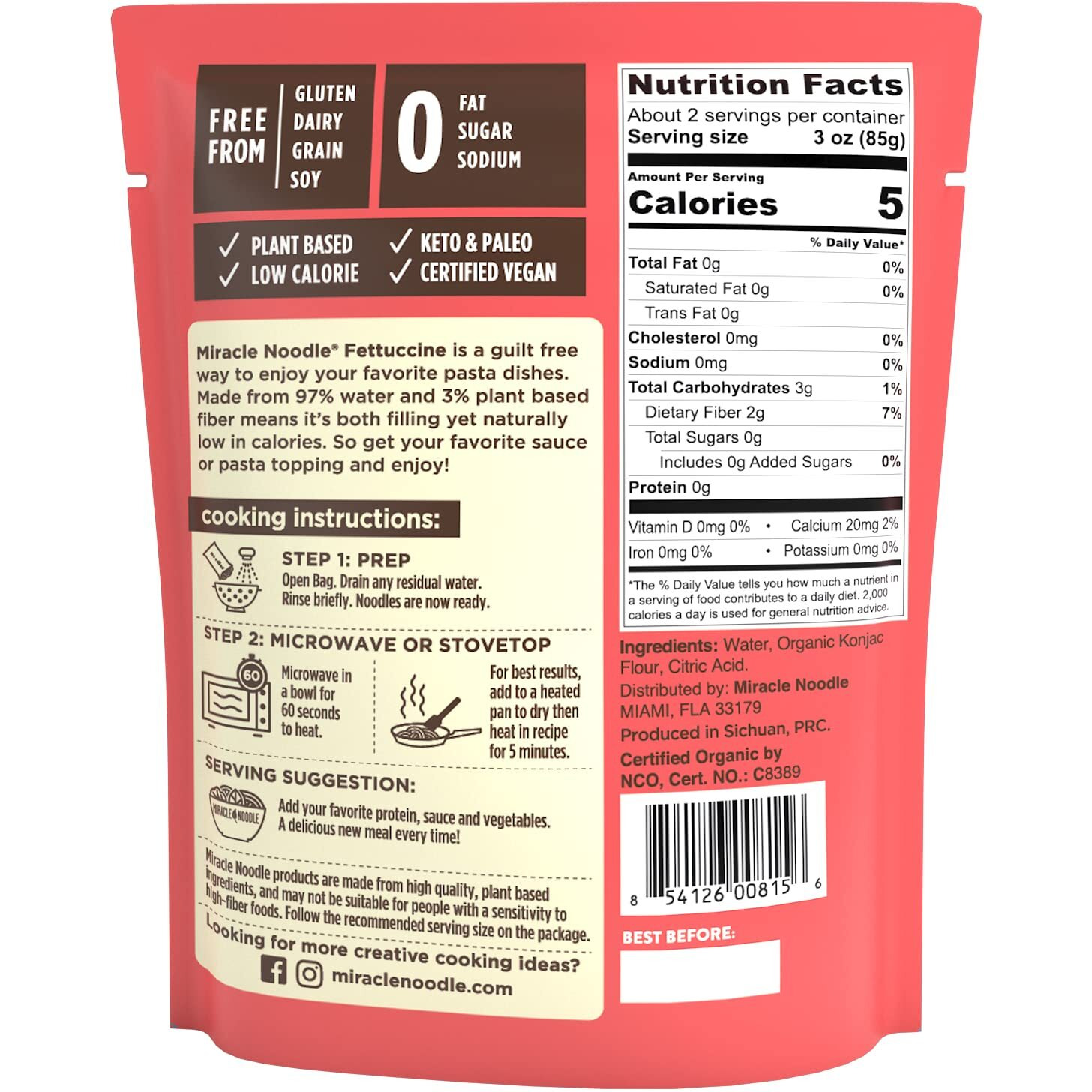 Miracle Noodle Organic Ready To Eat Fettuccine Noodles, Low Calorie, Vegan Friendly, Kosher, Keto & Paleo, Usda Certified Organic, Gluten Free & Non-Gmo, 7 Ounce (Pack Of 6)