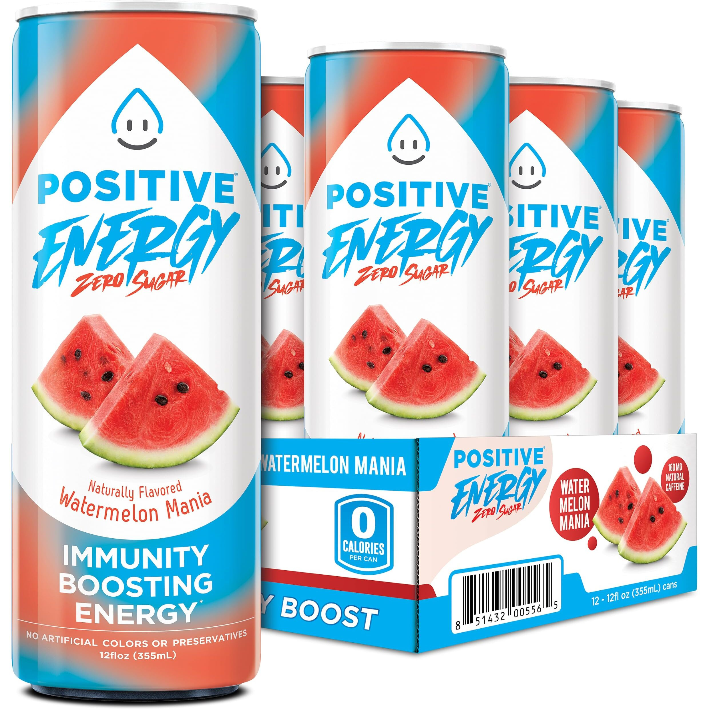 Positive Energy Beverage | Watermelon Mania | 12-Oz Can, Pack Of 12 | Zero Sugar Energy Drink, Supports Immunity And Hydration
