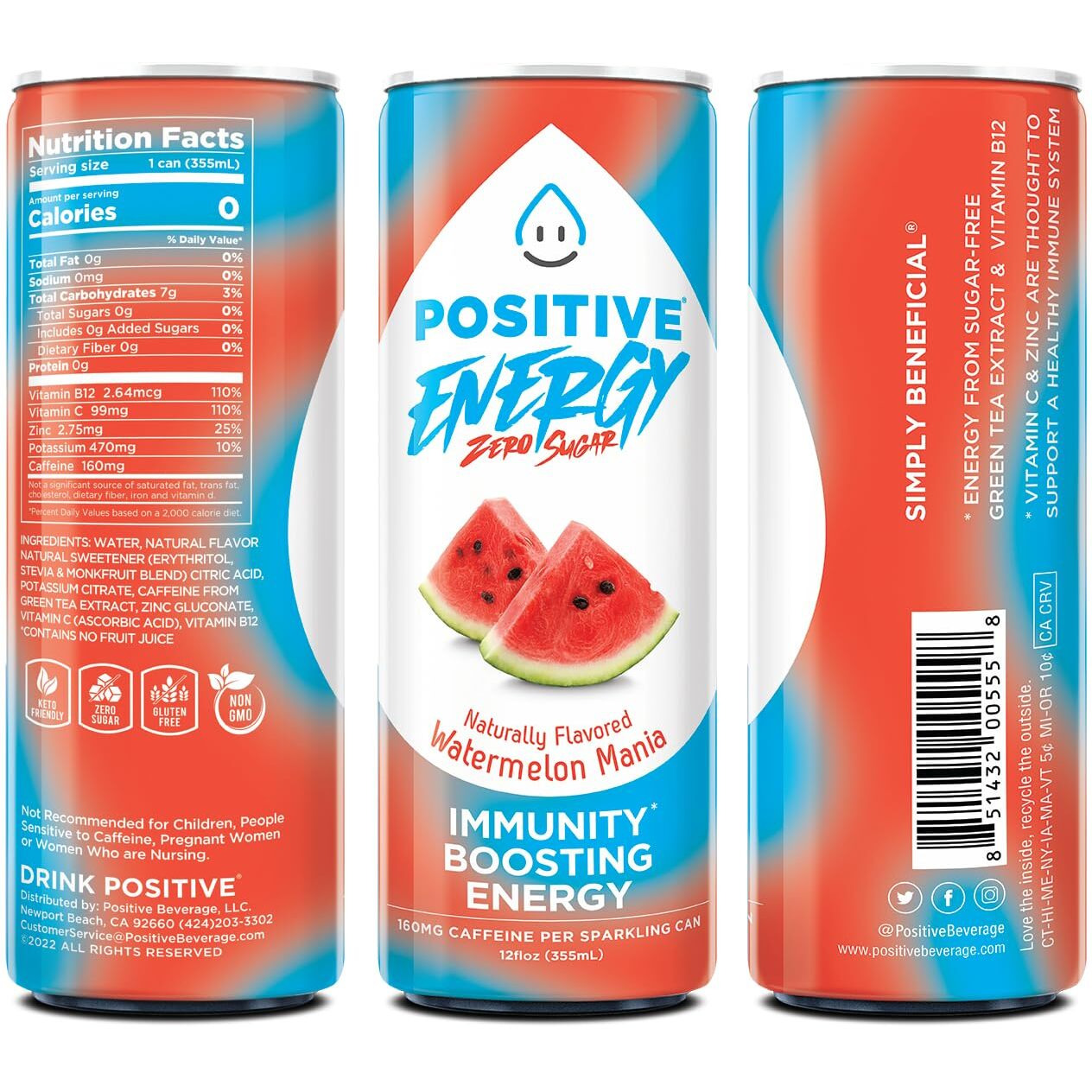 Positive Energy Beverage | Watermelon Mania | 12-Oz Can, Pack Of 12 | Zero Sugar Energy Drink, Supports Immunity And Hydration