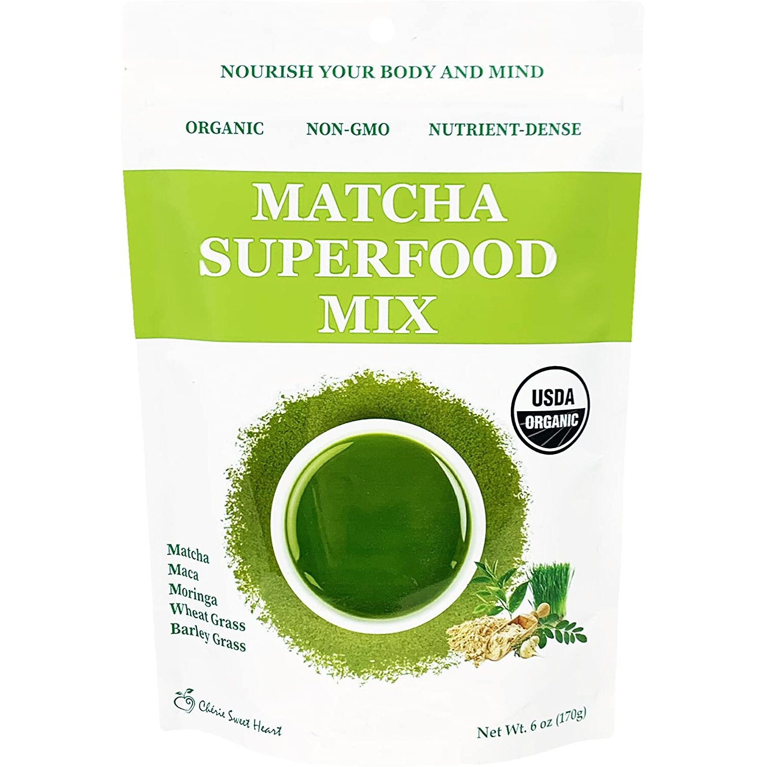 Cherie Sweet Heart Matcha Powder Green Superfood Mix, Non-Gmo Mixed Greens, Plant Based, Focus & Energy, Organic Green Tea Powder, Natural Caffeine Drink Mix (6Oz, 34 Servings) (Packaging May Vary)