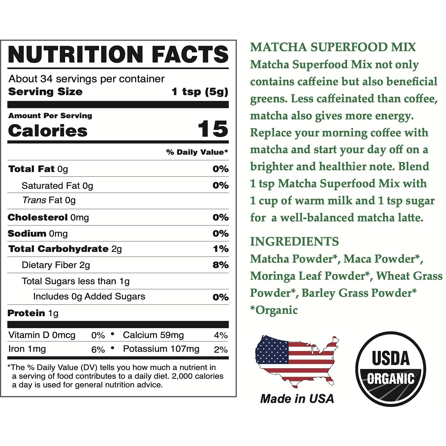 Cherie Sweet Heart Matcha Powder Green Superfood Mix, Non-Gmo Mixed Greens, Plant Based, Focus & Energy, Organic Green Tea Powder, Natural Caffeine Drink Mix (6Oz, 34 Servings) (Packaging May Vary)