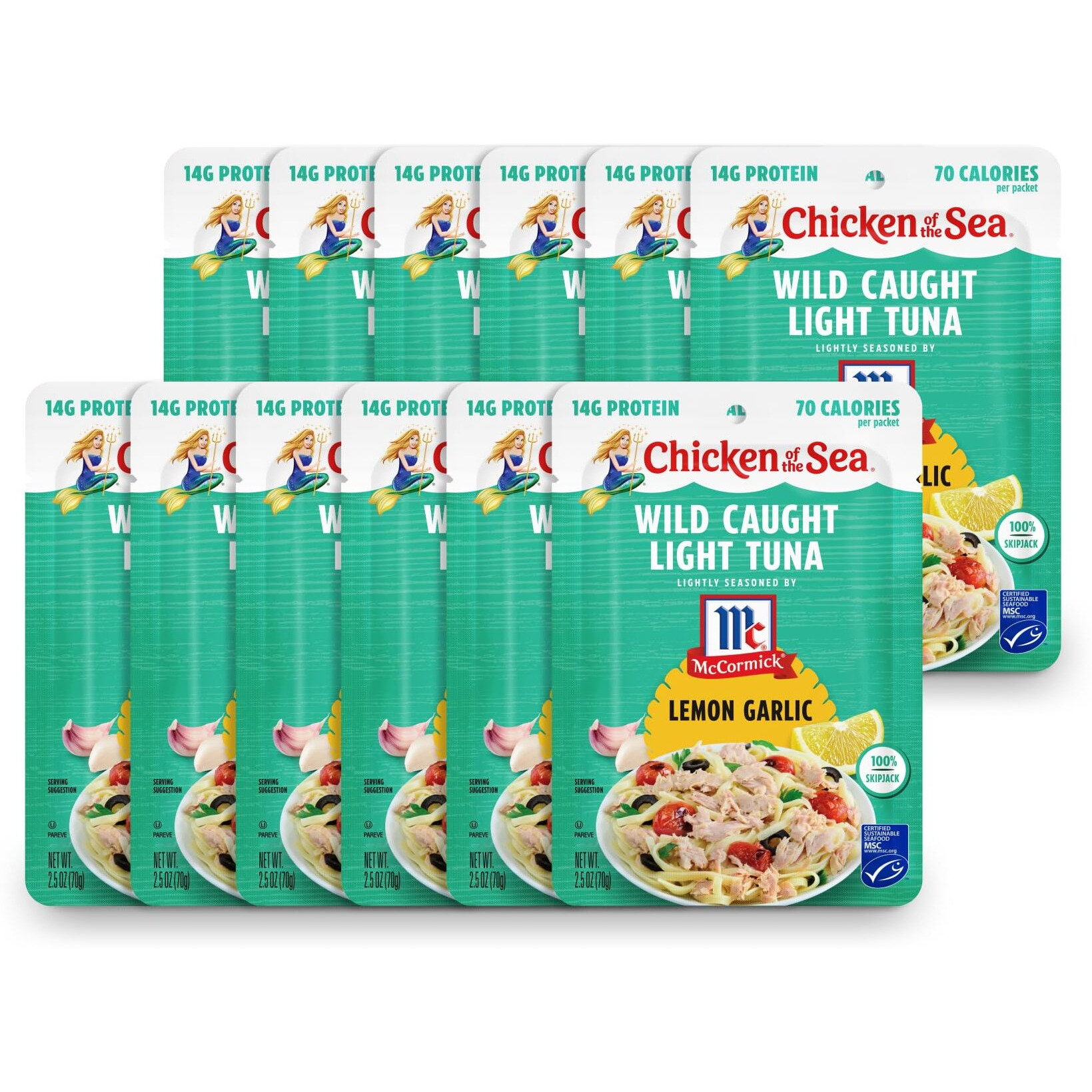 Chicken Of The Sea Wild Caught Light Tuna, 2.5 Ounce Packets (Box Of 12), Lightly Seasoned Lemon Garlic