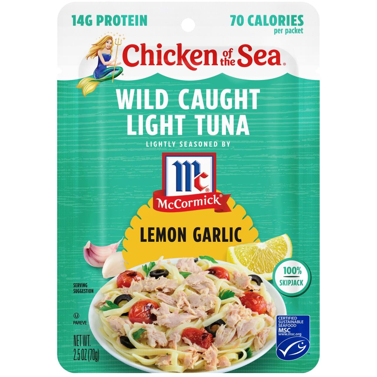 Chicken Of The Sea Wild Caught Light Tuna, 2.5 Ounce Packets (Box Of 12), Lightly Seasoned Lemon Garlic