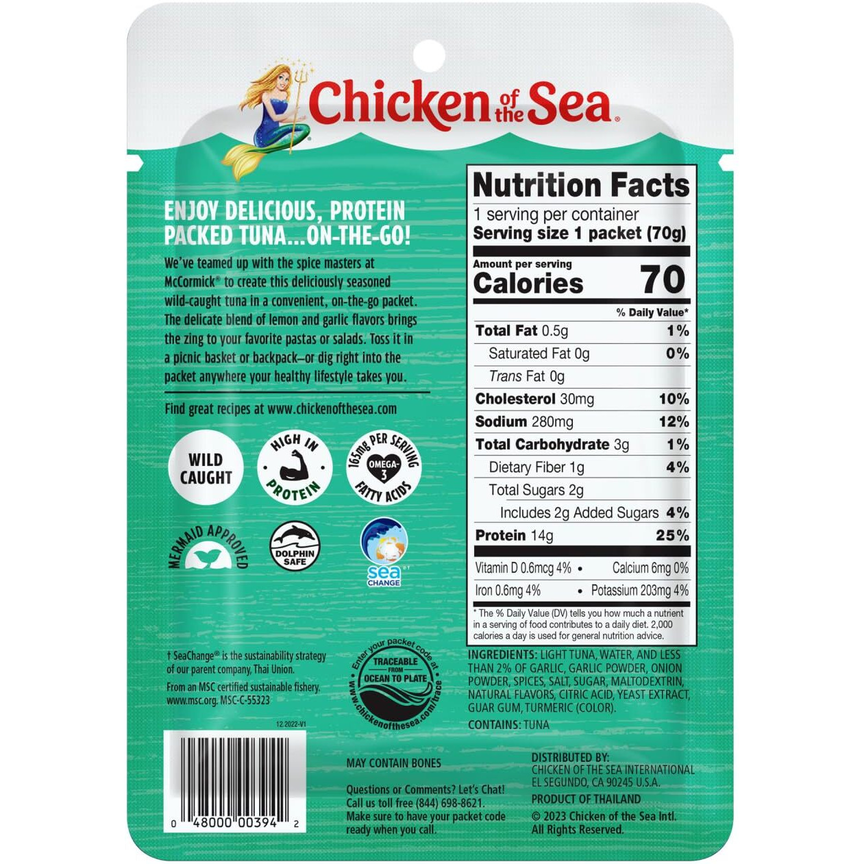 Chicken Of The Sea Wild Caught Light Tuna, 2.5 Ounce Packets (Box Of 12), Lightly Seasoned Lemon Garlic