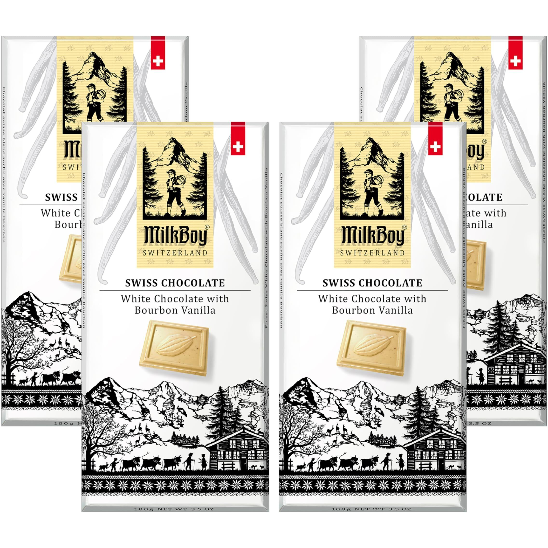 Milkboy Swiss White Chocolate Bars - Gourmet Bourbon Vanilla Chocolate Bars - Made With Pure Natural Vanilla - White Premium - Gluten Free - Non-Gmo - Kosher - 3.5Oz 4 Packs