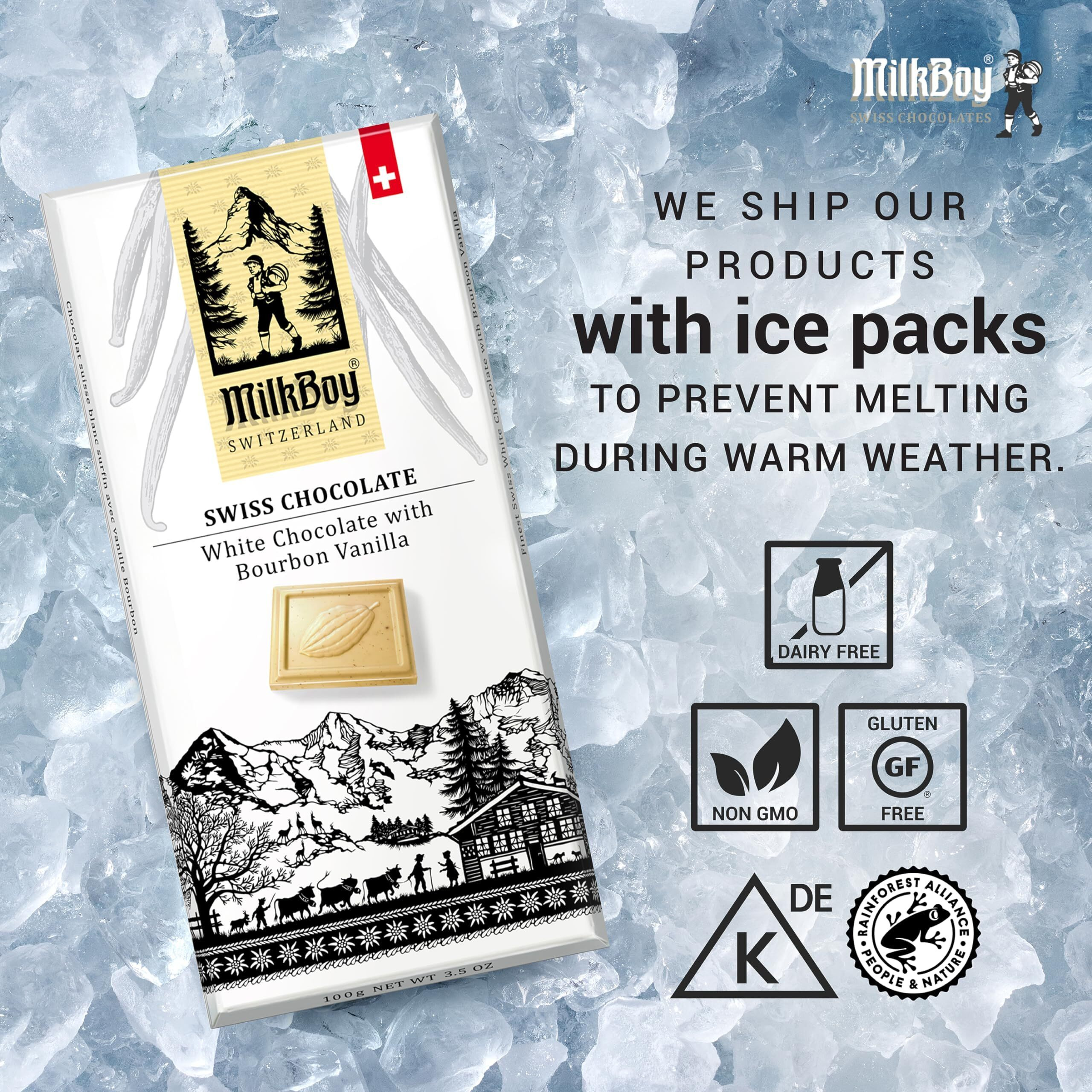 Milkboy Swiss White Chocolate Bars - Gourmet Bourbon Vanilla Chocolate Bars - Made With Pure Natural Vanilla - White Premium - Gluten Free - Non-Gmo - Kosher - 3.5Oz 4 Packs