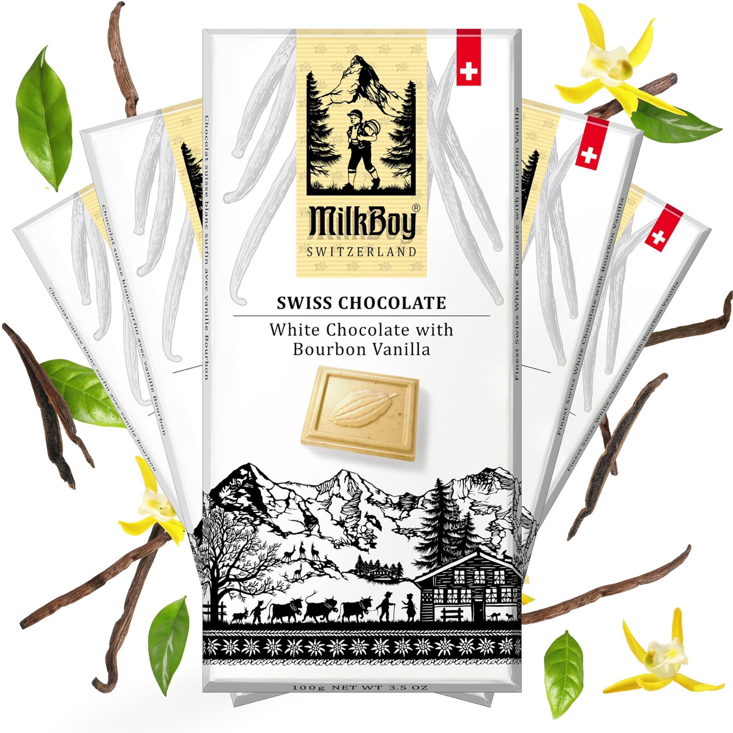 Milkboy Swiss White Chocolate Bars - Gourmet Bourbon Vanilla Chocolate Bars - Made With Pure Natural Vanilla - White Premium - Gluten Free - Non-Gmo - Kosher - 3.5Oz 4 Packs