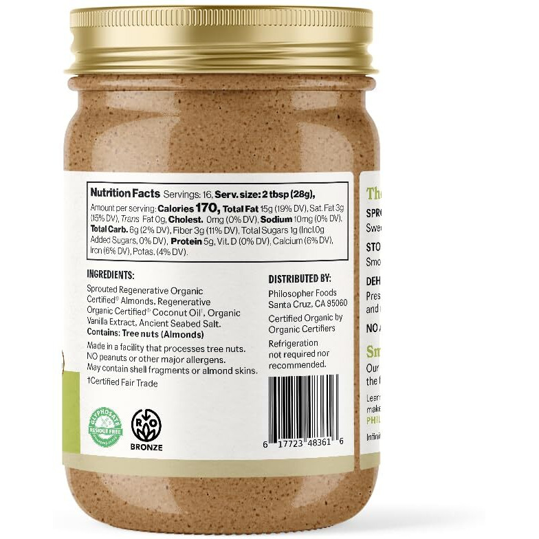 Philosopher Foods Creamy Alchemy Sprouted Almond Nut Butter, 16 Oz. - Silky Smooth Pourable Organic Butter, Natural Sweetness, Stone Ground Almonds, Keto Snack, Vegan Butter, Paleo & Small Batch